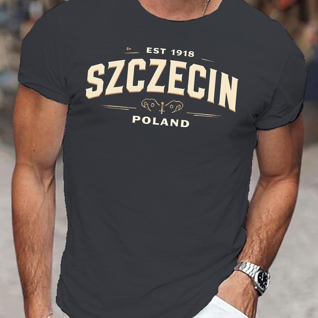 TEMU Men's Casual "szczecin Est. 1918 Poland" Graphic T-shirt - Short Sleeve, Round Neck, Lightweight & Breathable For Summer, Adult Fit, Casual