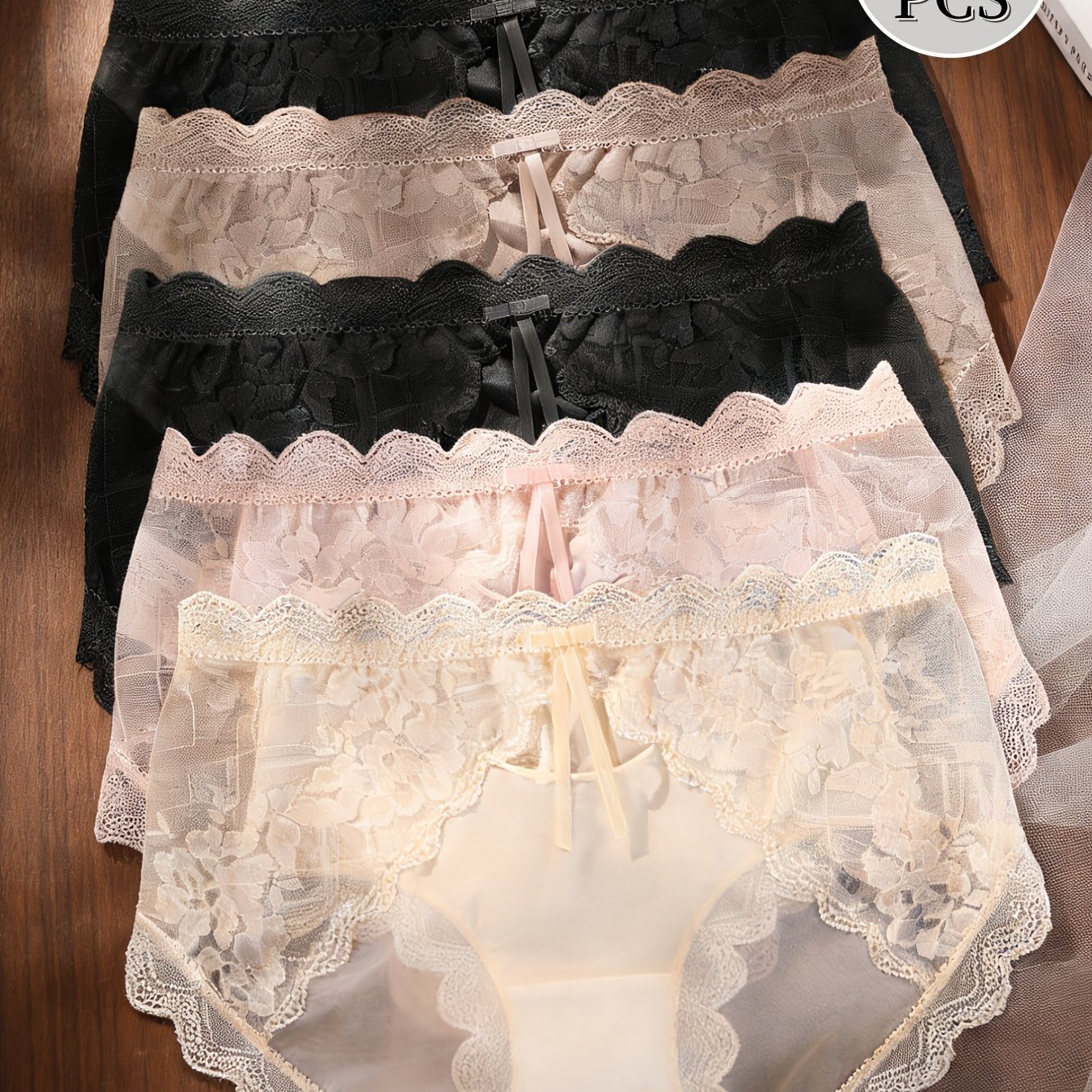 TEMU 5pcs Set Of Sexy Lace Panties For Women, Sheer Thin Comfortable Underwear, Breathable Elegant Bow Mesh Seductive Short Panty, Suitable For ,