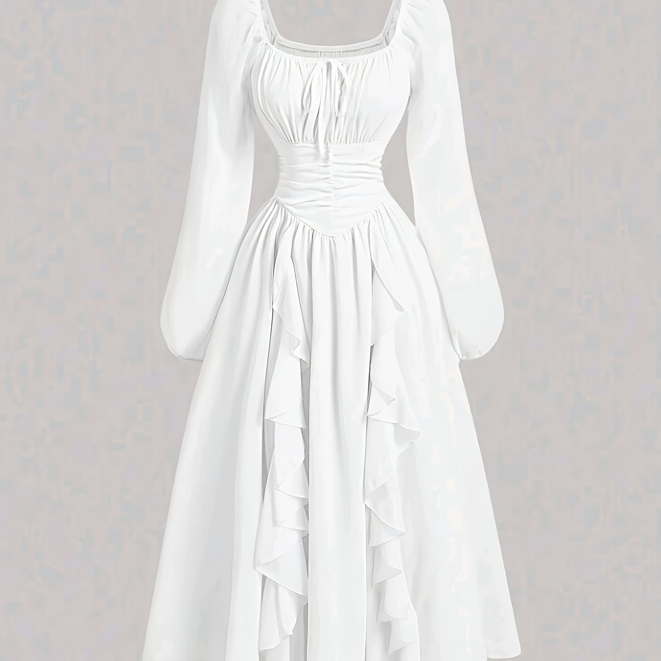 E-shop Damen Einfarbiges Kleid mit eckigem Rundhalsausschnitt, Laternenärmeln, geraffter Taille und Bindedesign