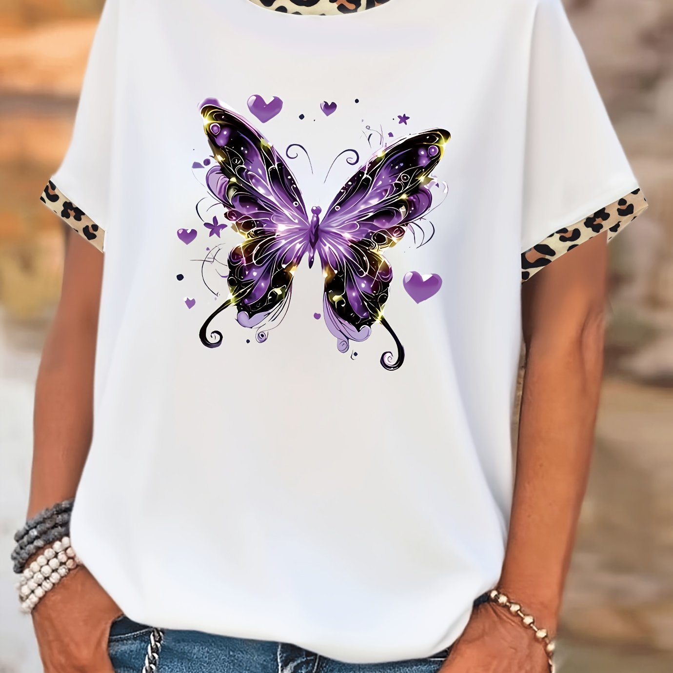 TEMU Plus Size, Plus-size Casual Trendy Printed Short-sleeve T-shirt With Leopard Print Pattern