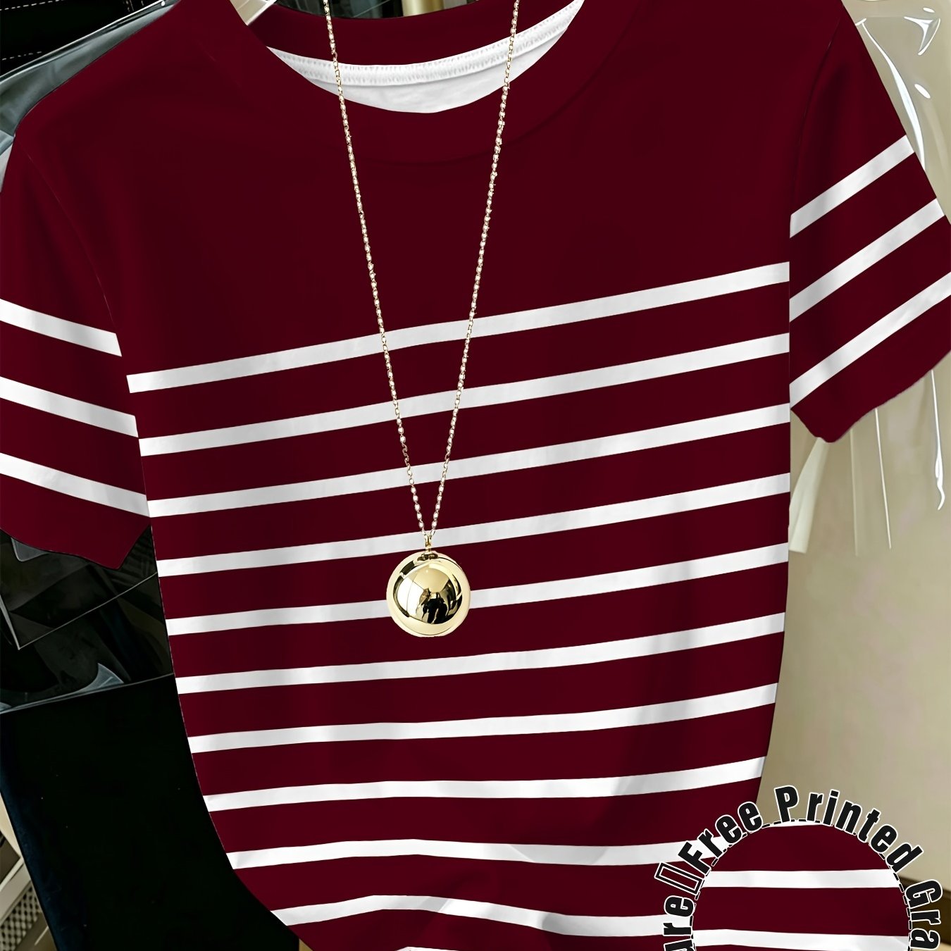 TEMU [printed Design - Not Textured] Women's T-shirt, Round Neck Striped Short Sleeve Top, Summer , Perfect Gift For Women
