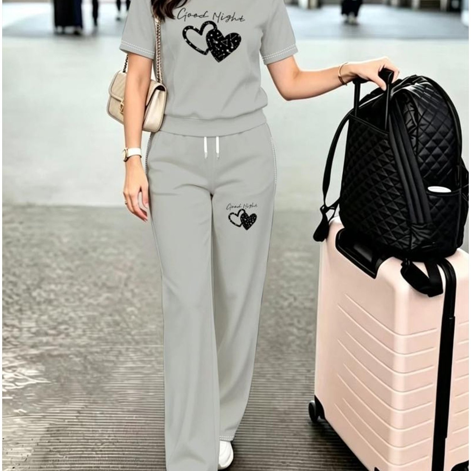 TEMU [printed Design-not Textured] Women's Pants Set, Easy Design With "" And Starry Heart, , Suitable For Daily Wear, Fashionable Women's Outfit