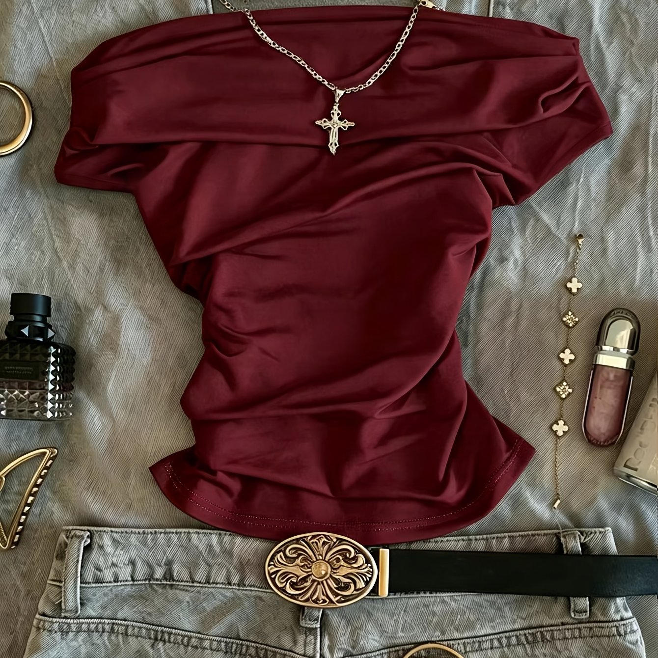 TEMU Women's Off-the-shoulder Fashion T-shirt Top, Elegant Slim Fit With Waist For A Flattering Look