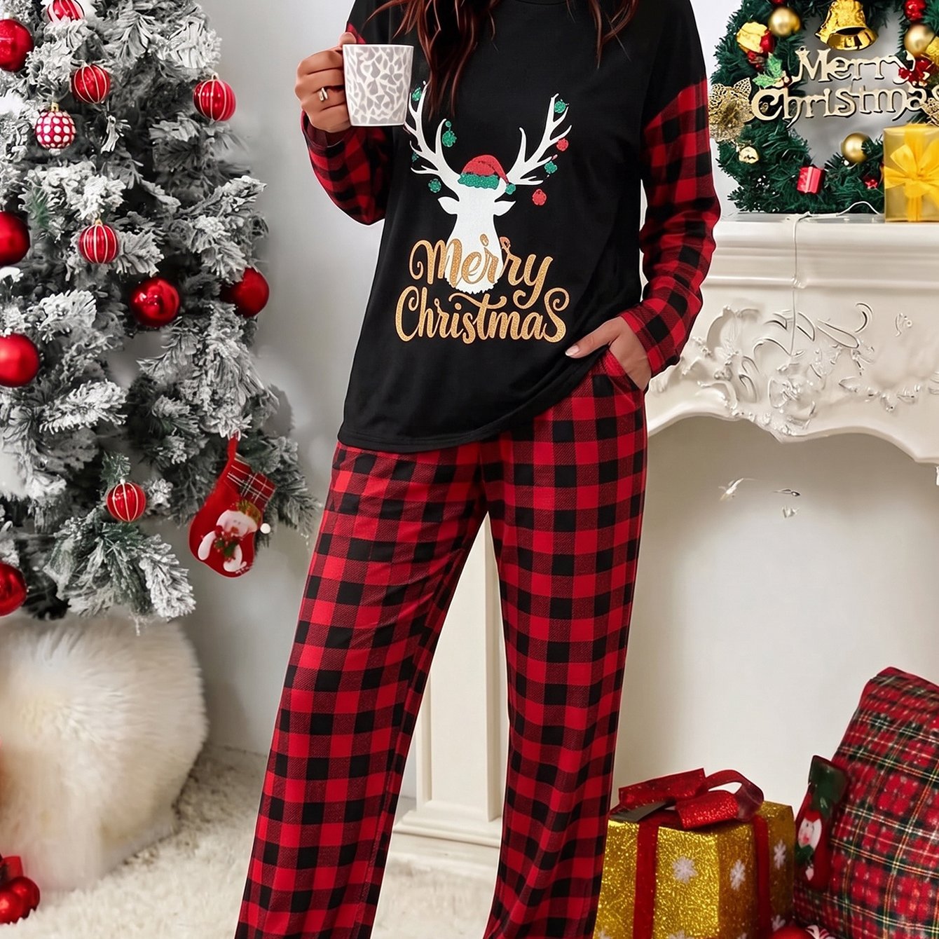 Image of Plus Size, Plus Size Women Merry Christmas Raglan Long Sleeve Top Red Pants 2pcs Holiday Loungewear Set, Soft Casual Sleepwear