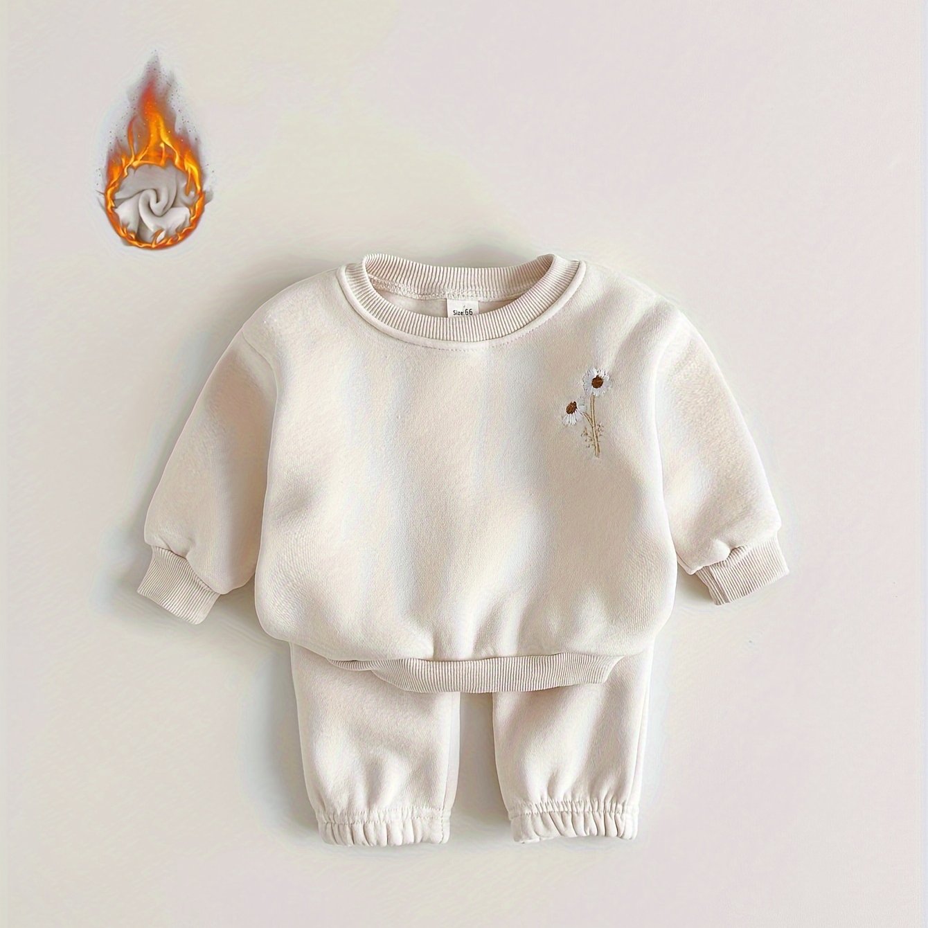 Unisex Kids' 2pcs Daisy Embroidered Long Sleeve Top And Pants Set, -lined Thickened Baby Outfit For Autumn/winter, Perfect For Outdoor