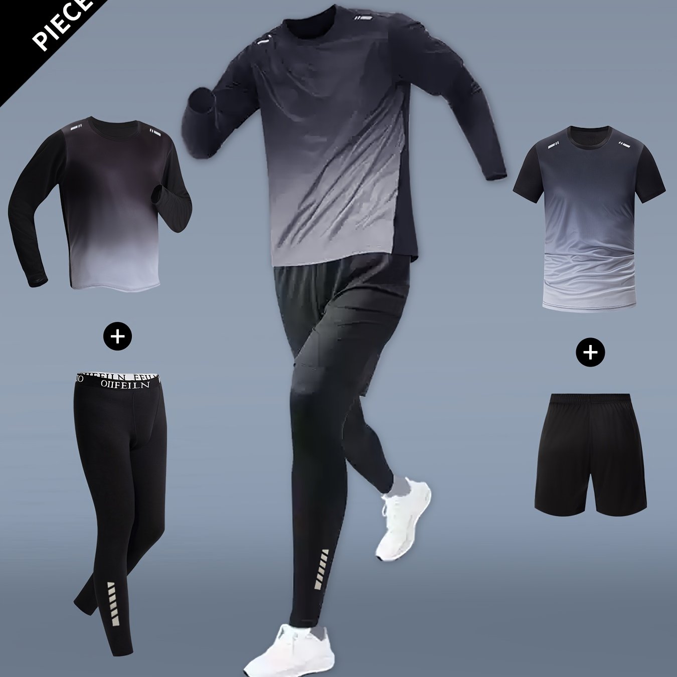 E-shop 4-teiliges Herren Fitness Sport Outfit Langarm Oberteil und Kurzarm Shirt Sportshorts Lauf Kurzarm T-Shirt