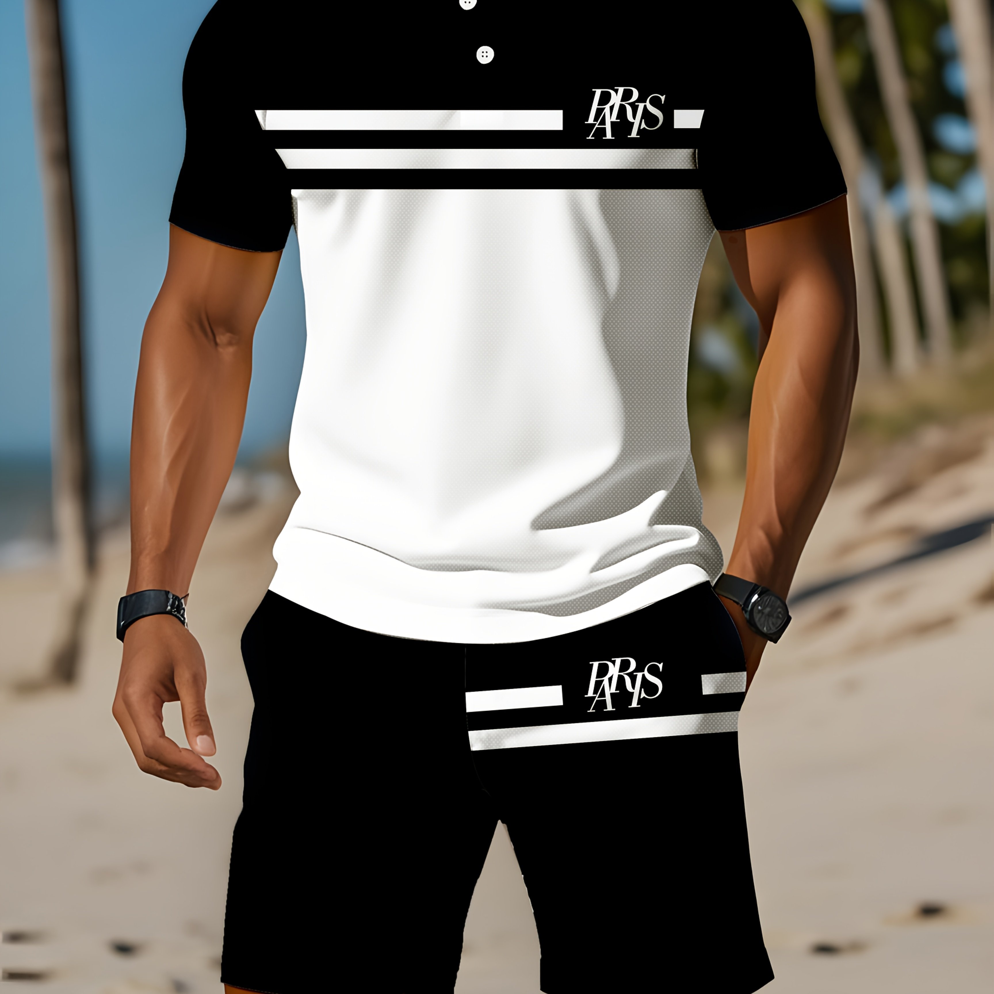 TEMU Men's Contrast Striped Letter Print Outdoor Sports Casual Shirt And Shorts Set, Mesh Breathable Top And Shorts Casual Outfit