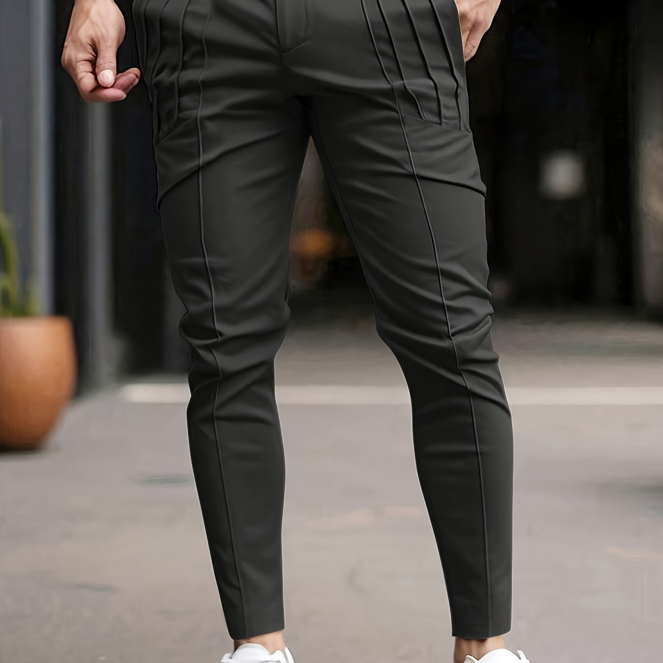 Image of Men's Business Casual Minimalist Street Solid Color Slim Fit Elastic Waistband Slant Pocket Trousers, New Season