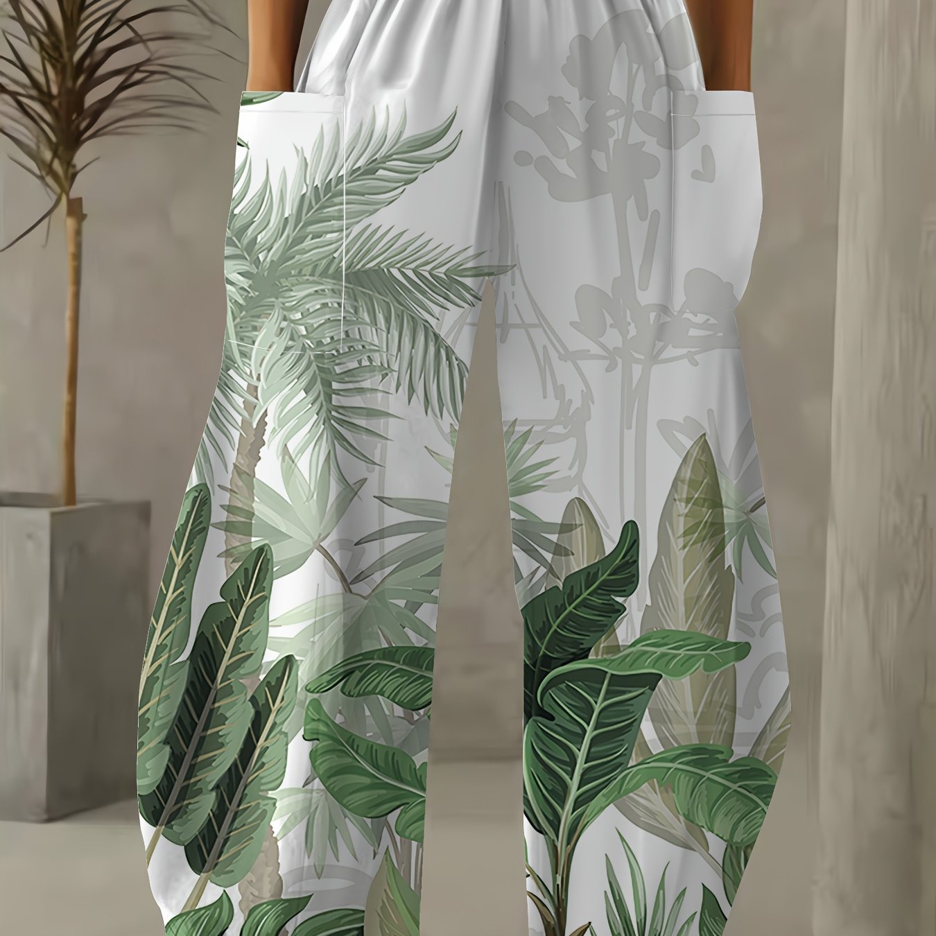 TEMU Plus Size, Women's -inspired Tropical Plant Wide-leg Pants, Summer Teal Green Gradient Elastic Waist Pocket Casual Trousers