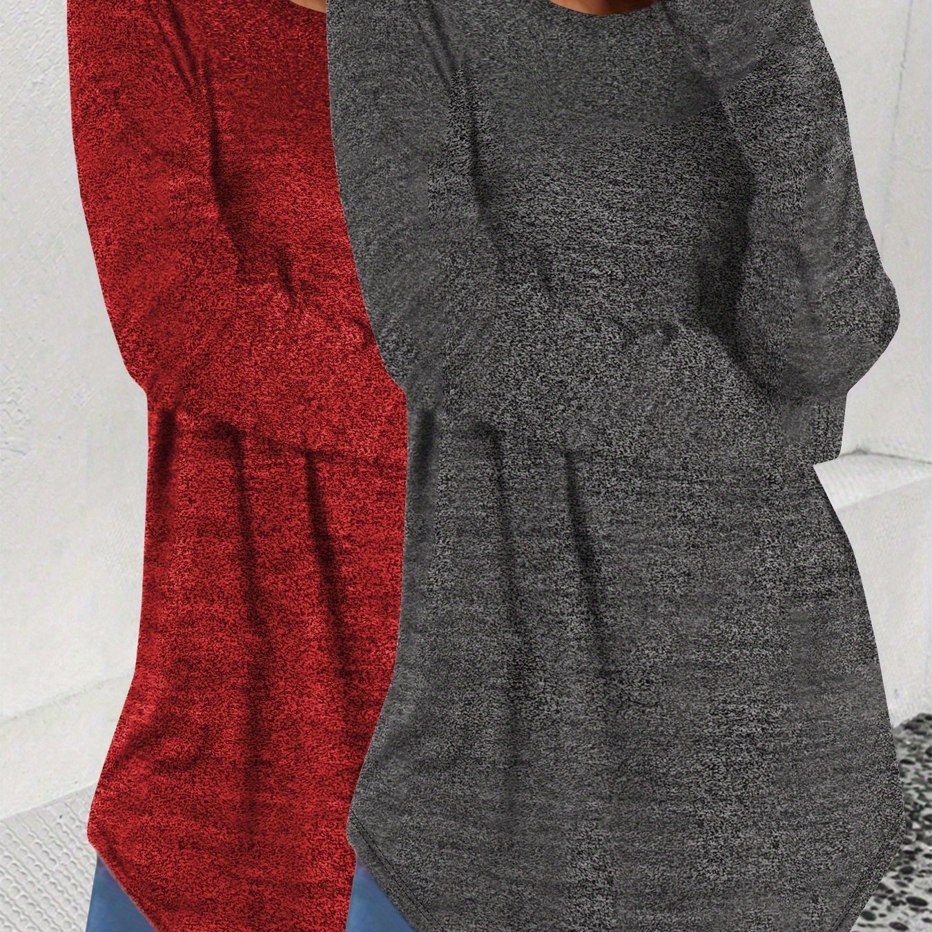 Image of Plus Size - Plus Size - 2pcs Set Autumn Women's Fashion Solid Color Top Long Sleeve T-shirt Round Neck Loose Casual Plus Size Long Sleeve T-shirt Top Women's Clothing