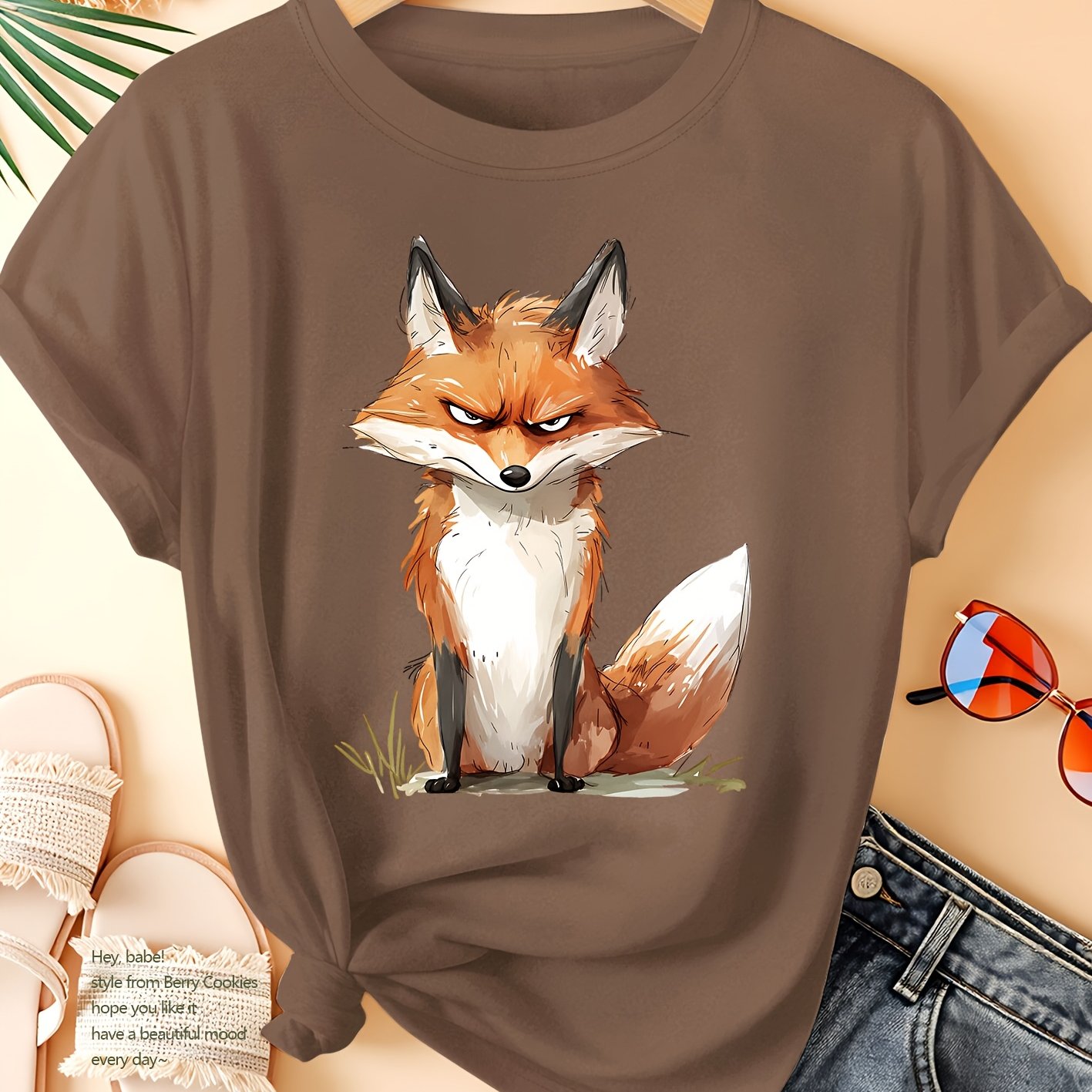 TEMU 2026 New Women's Short-sleeved T-shirt With Fox Illustration Print, Spring Summer Autumn Elegant Casual Sporty Round Neck Short Sleeve Top Soft
