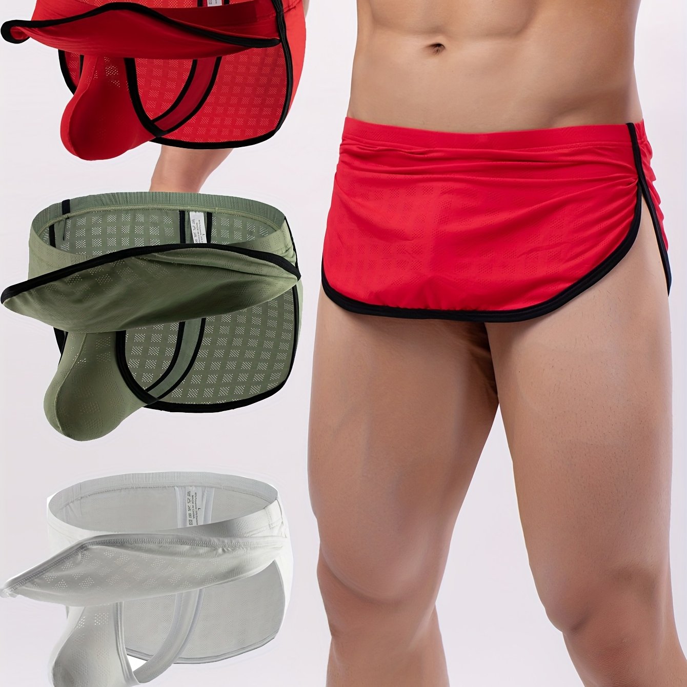 TEMU 3-pc Men's Underwear Individual Fashion Low-waist Flat-seam Briefs Mesh Transparent Breathable Trendy Athletic Comfortable Aro Shorts