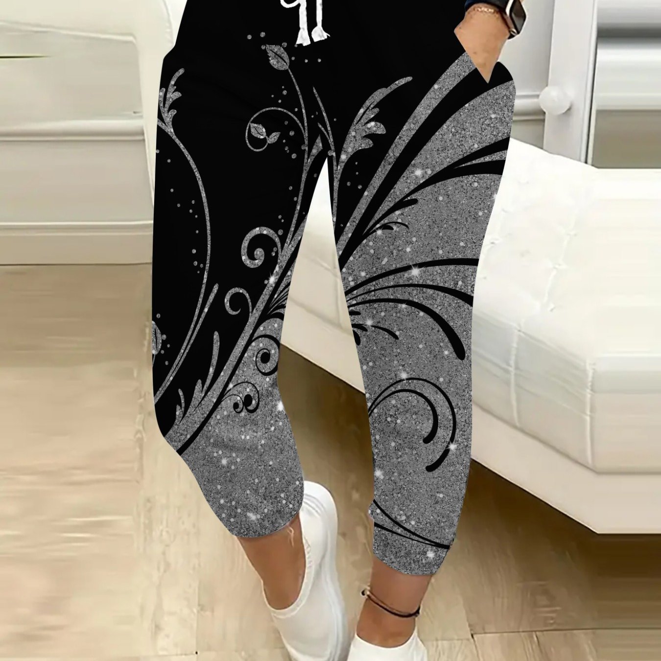 Women's Casual Court Floral Pattern Printed Drawstring Pocket Long Pants