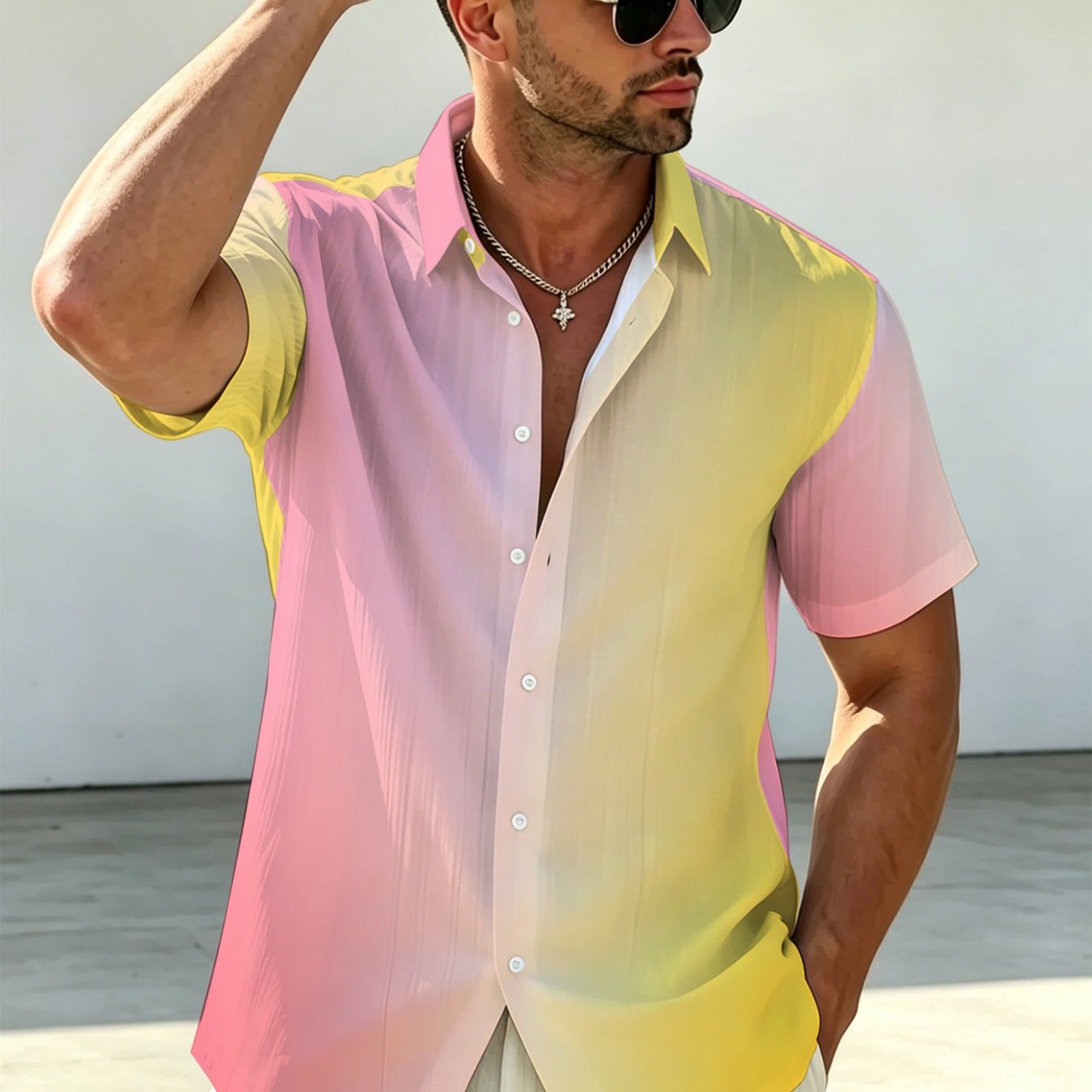 TEMU Men's Plus Size Gradient Colorblock Short Sleeve Shirt Casual Loose Breathable Lapel Blouse Summer Light Versatile Top