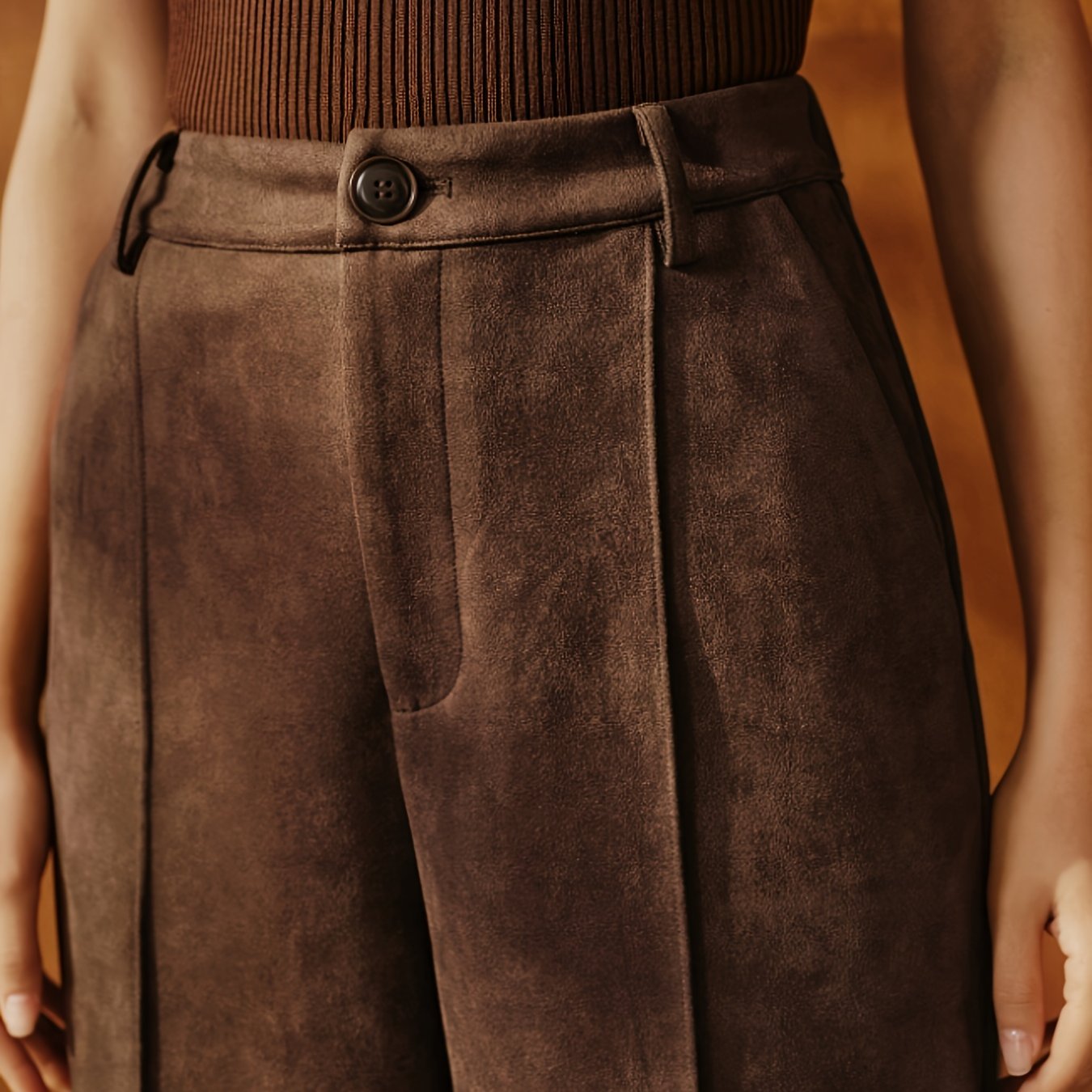 TEMU Women's Vintage Suede Straight-leg Pants - Elegant Pocketed Dress Trousers Suitable For Office, Weddings, Parties | Machine Washable Solid Color