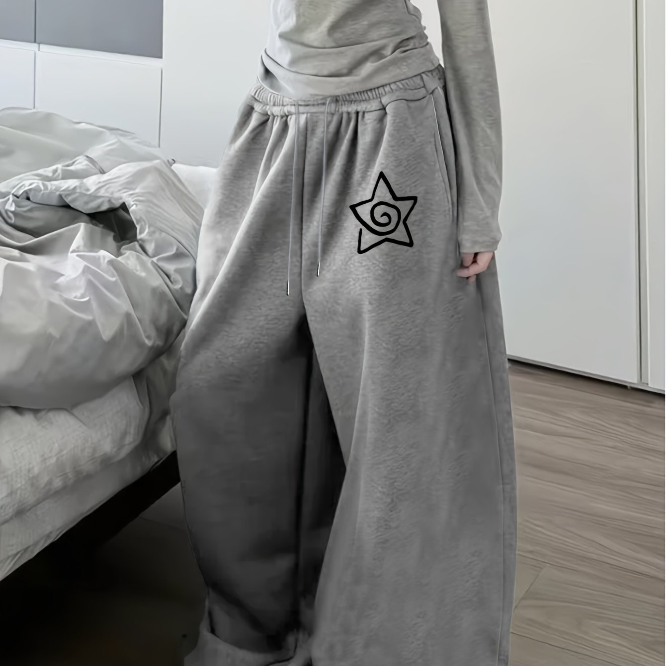 TEMU A Women's Five-pointed Star With A Spiral Pattern More Recognizable And Retro Street Style Fleece-lined Versatile Autumn And Winter Trousers