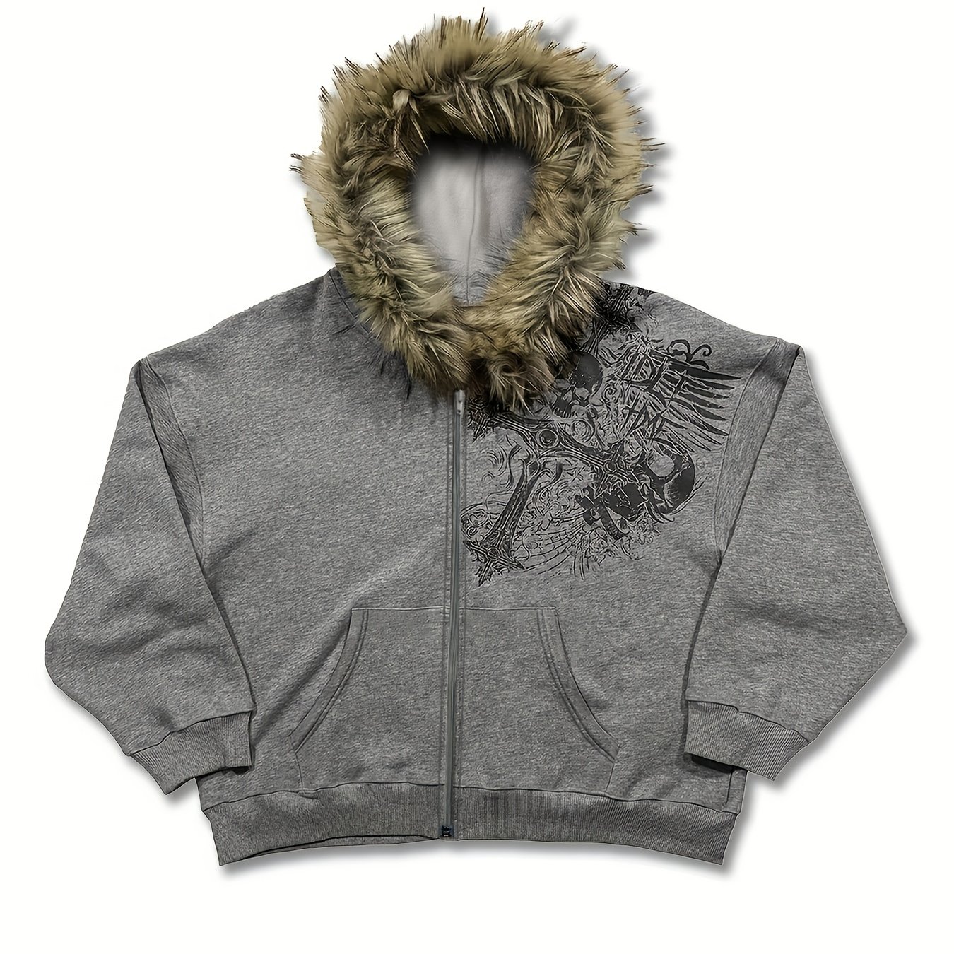 Image of Y2k Streetwear Retro Warm Cardigan Men And Women Loose Hooded Sweatshirt Hat Hooded Sweatshirt Street Style Skull Print Zipper Hoodie