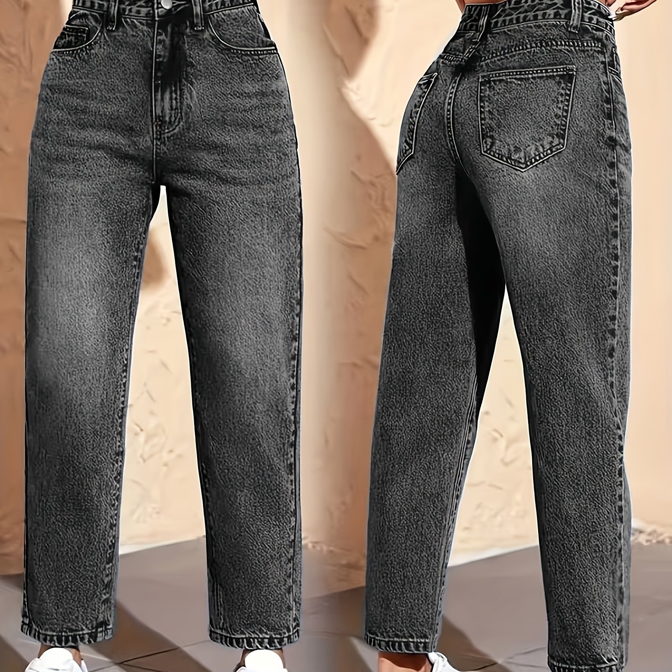 Image of Women's High-waisted Cone-shaped Pants, Comfortable Stretch Casual Pants Suitable For Daily Wear In Gray And Black Colors Denim Jeans