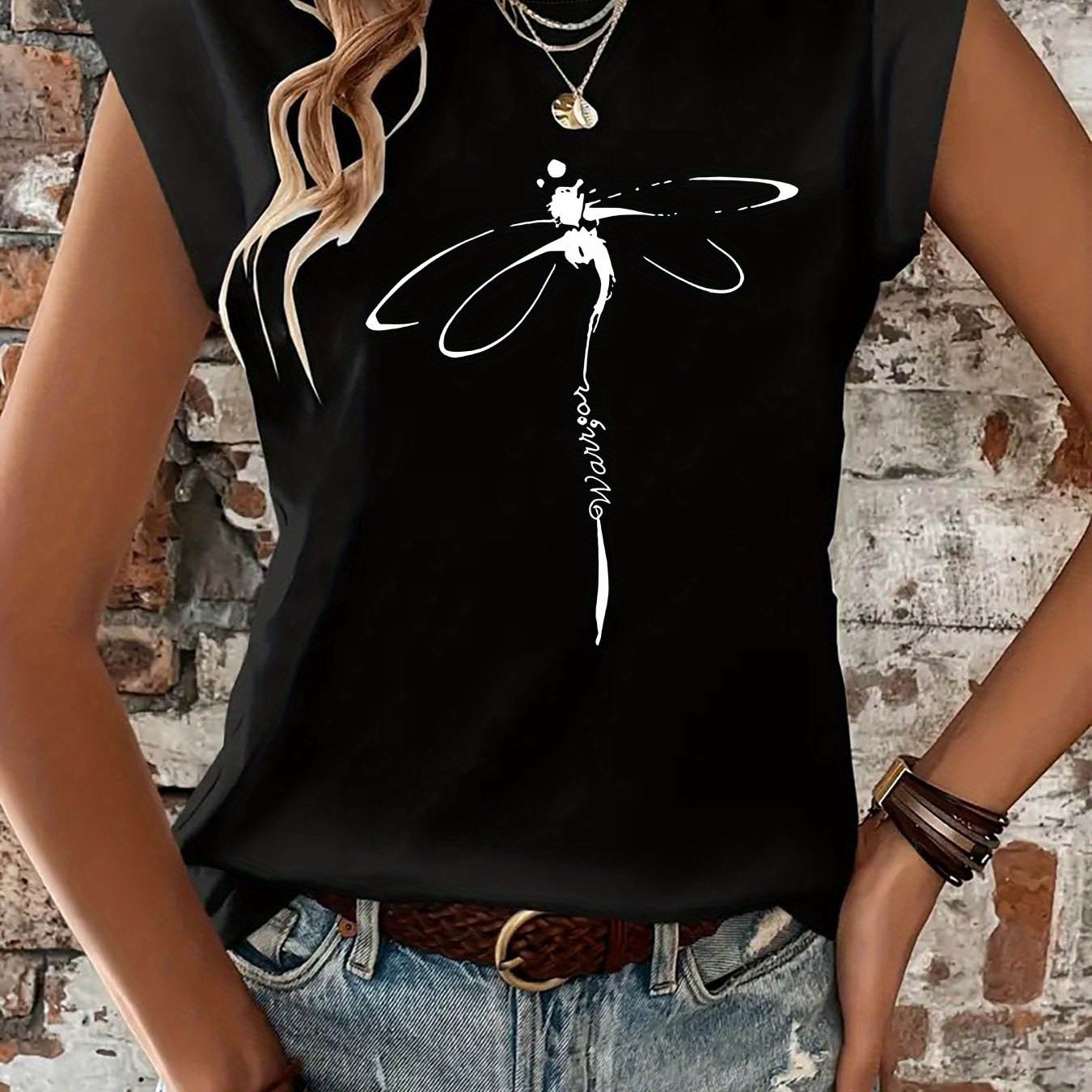 E-shop Einzigartiges Damen T-Shirt mit Libellenmuster, Rundhalsausschnitt und kurzen Ärmeln für Frühling und Sommer