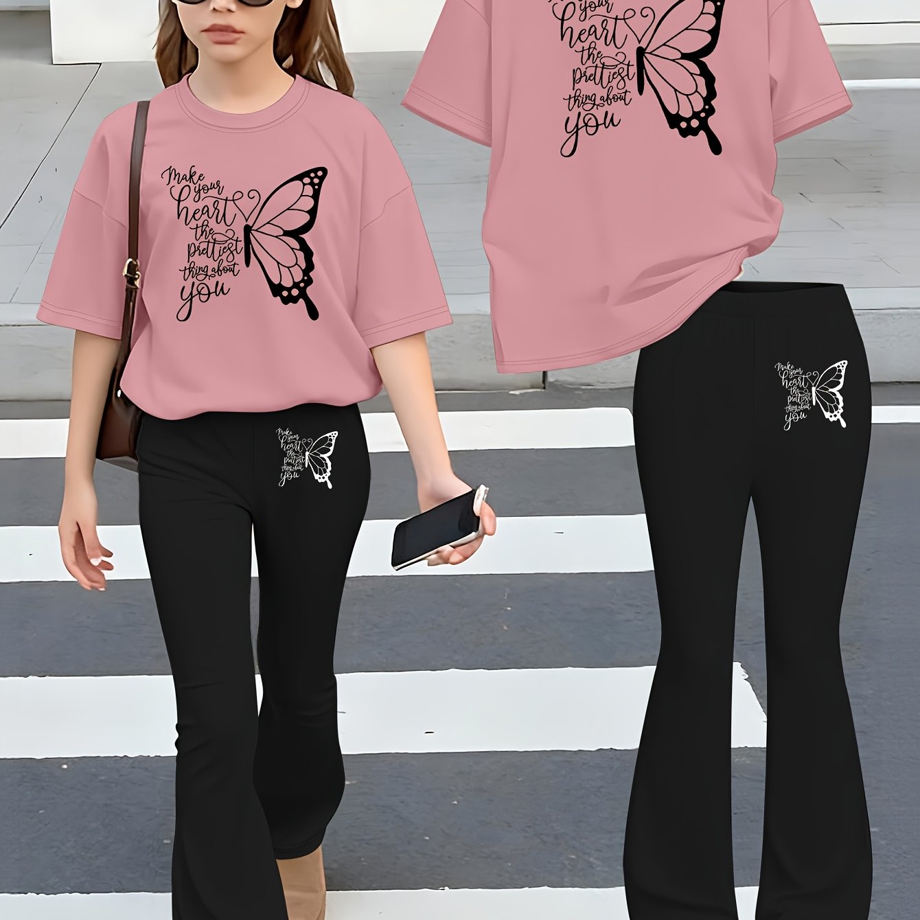 E-shop 2-teiliges Sommermode-Set für Mädchen: Bedrucktes, schulterfreies Kurzarm-T-Shirt mit Rundhalsausschnitt und elastische Schlaghose,