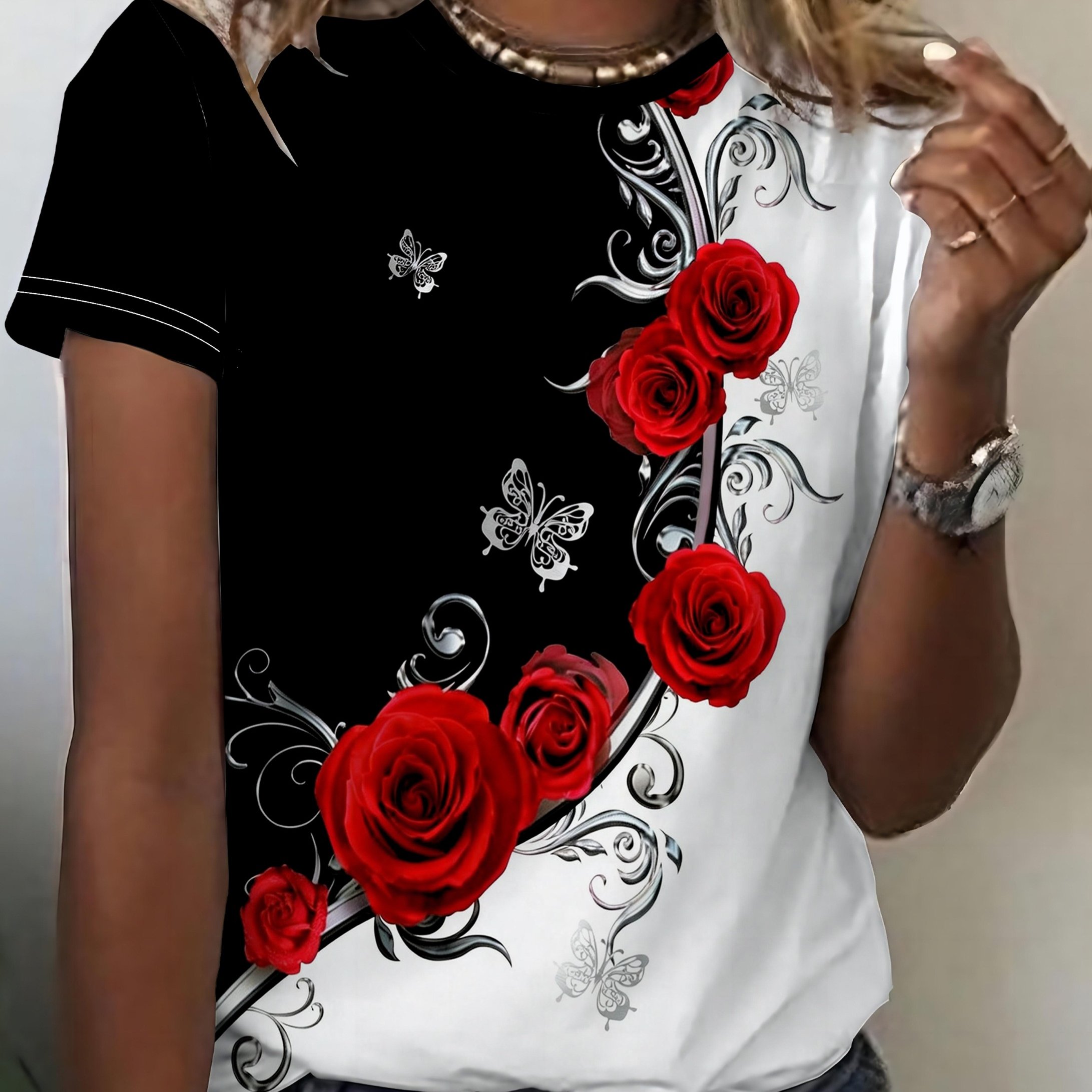 TEMU 2026 New Women's Printed T-shirt, Elegant Valentine's Day , Round Neck Short Sleeve, Festival Top | -garde Print | Machine Washable Top | Casual