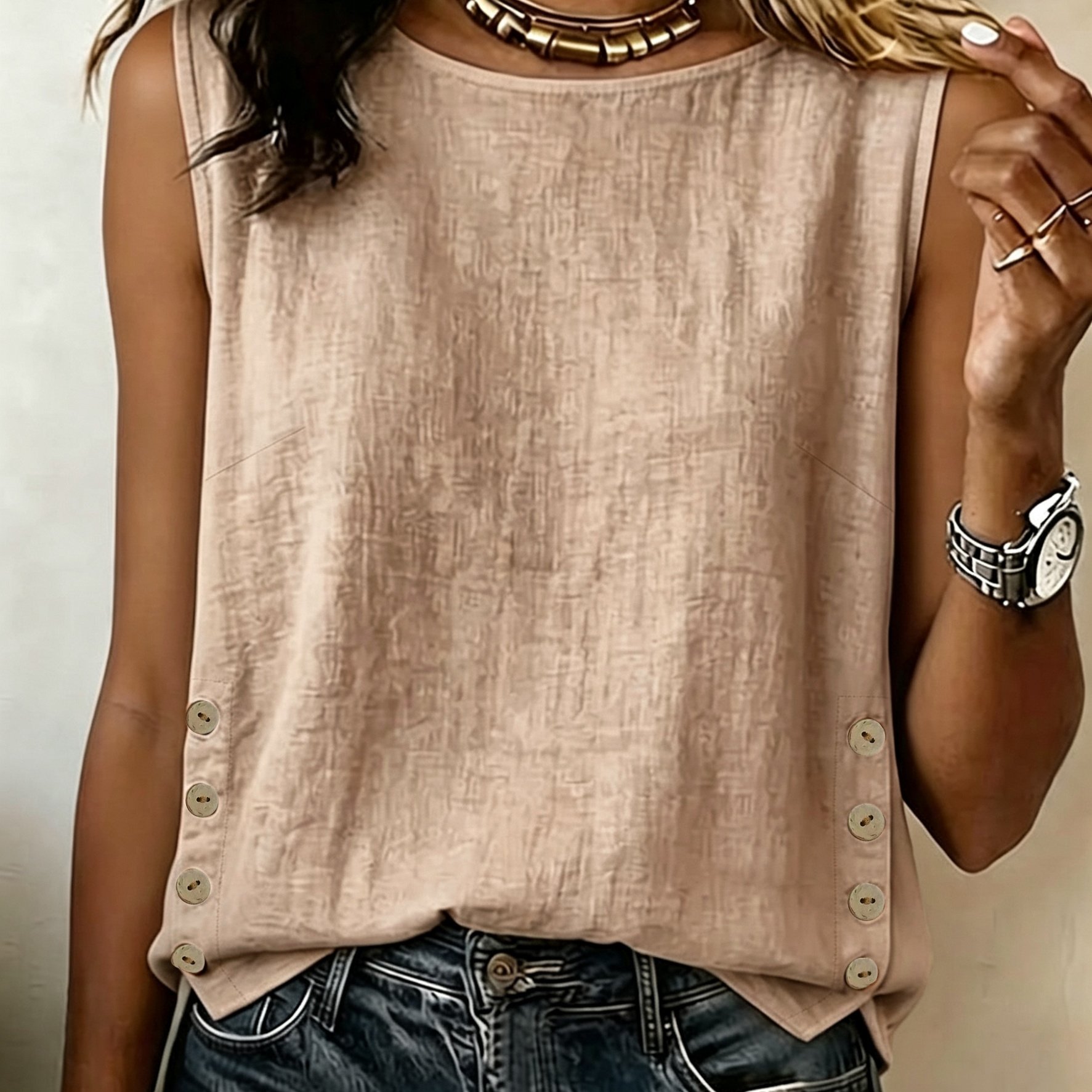 TEMU Summer Minimalist Style Round Neck Side-button Versatile Sleeveless Shirt