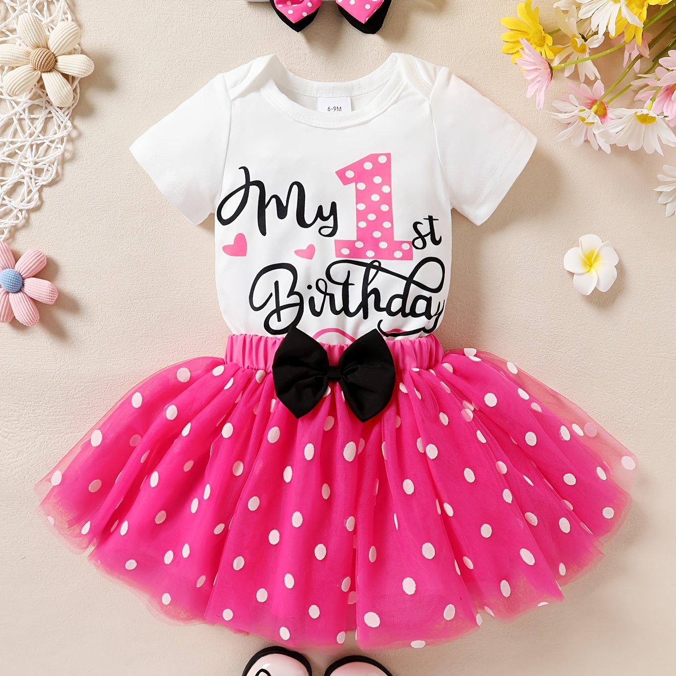 TEMU 3pcs Cute Baby Girl Soft, Comfortable, Breathable Letter Slogan Printed Jumpsuit And Spotted Printed Skirt With Headband, For Outdoor
