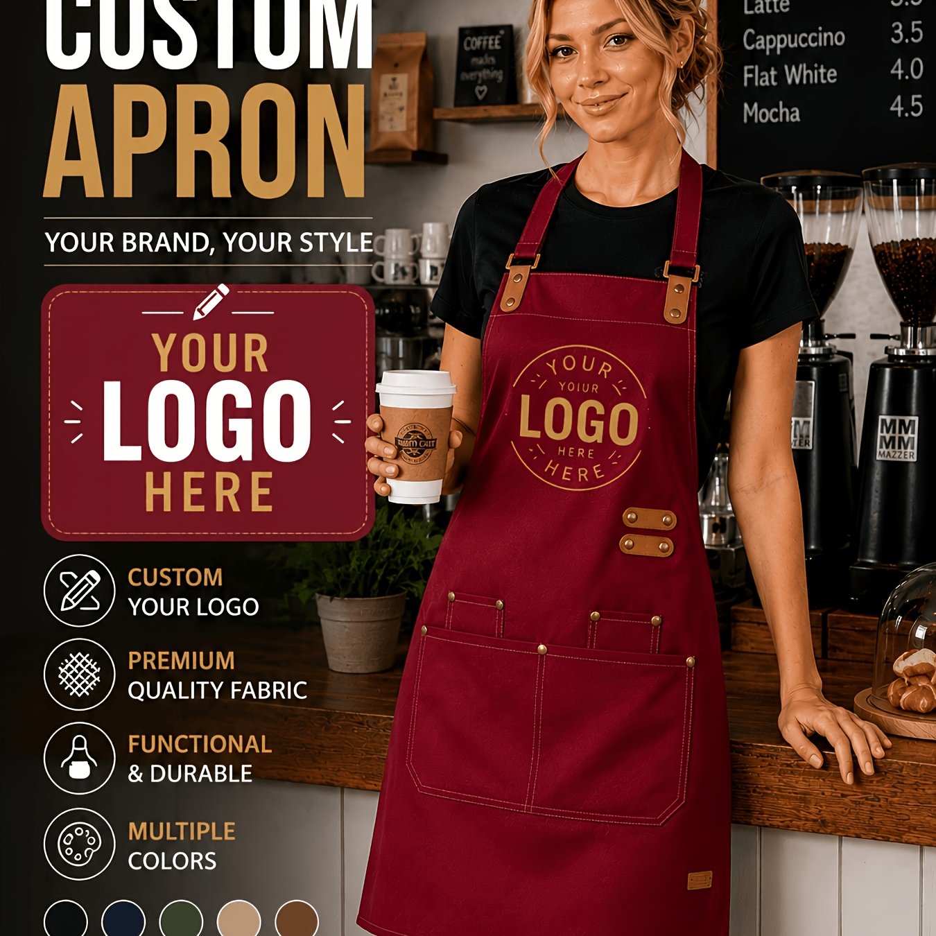 TEMU Customized 2pcs Set Of High-end Aprons With Logo Printing For Restaurants, Kitchens, Milk Tea, And Coffee Shops