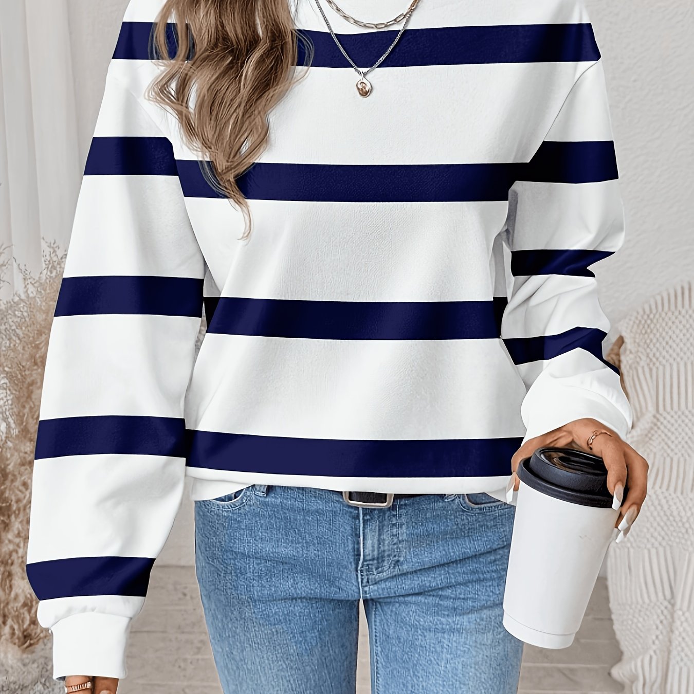 TEMU Sudadera casual de mujer de ajuste holgado, cuello y larga con estampado de rayas negras, blancas y azul-, adecuada para otoño/invierno y para