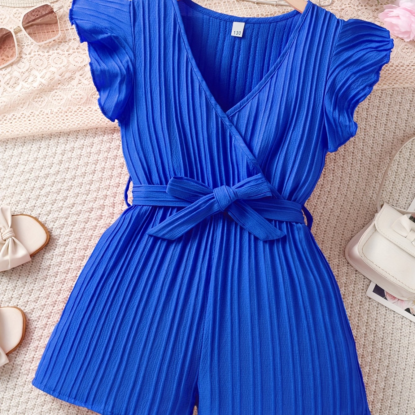 Image of Young Girl's Summer Solid Color Jumpsuit With Belt, Perfect For Parties And Beach , Perfect For Outdoor