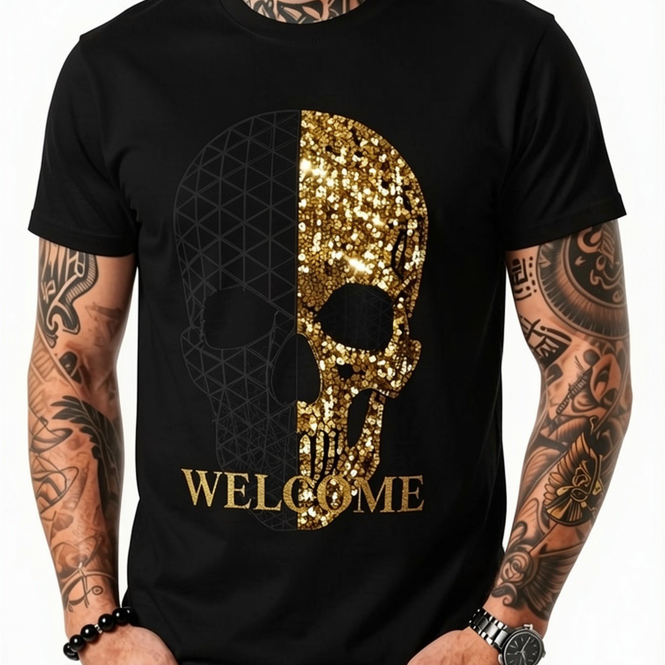 TEMU Men's Crew Neck Short Sleeve T-shirt, With Golden Rhinestone Skull Graphic, Pure, Geometric For Gym, Outdoor Travel & Parties, Casual Summer