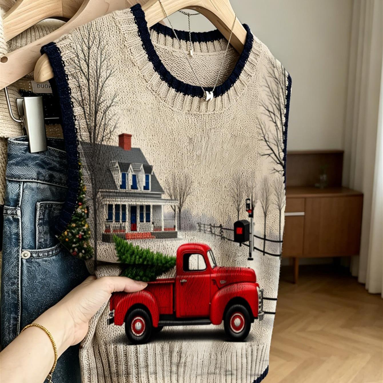 Image of Womens Cozy Christmas Scene Print Vest, Sleeveless Round Neck Sweater With Festive And Snowy Holiday Design For Casual Winter Layering
