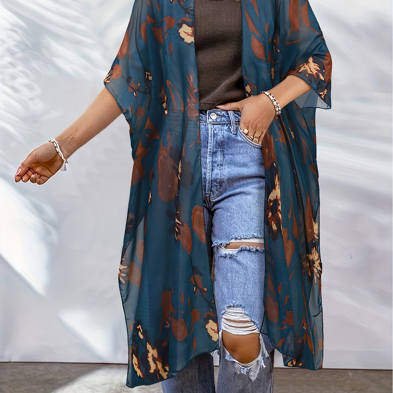 Image of Fashion European And American Cover-up Tops Women's Chiffon Shirt Sunscreen Printed Open Front Cardigan