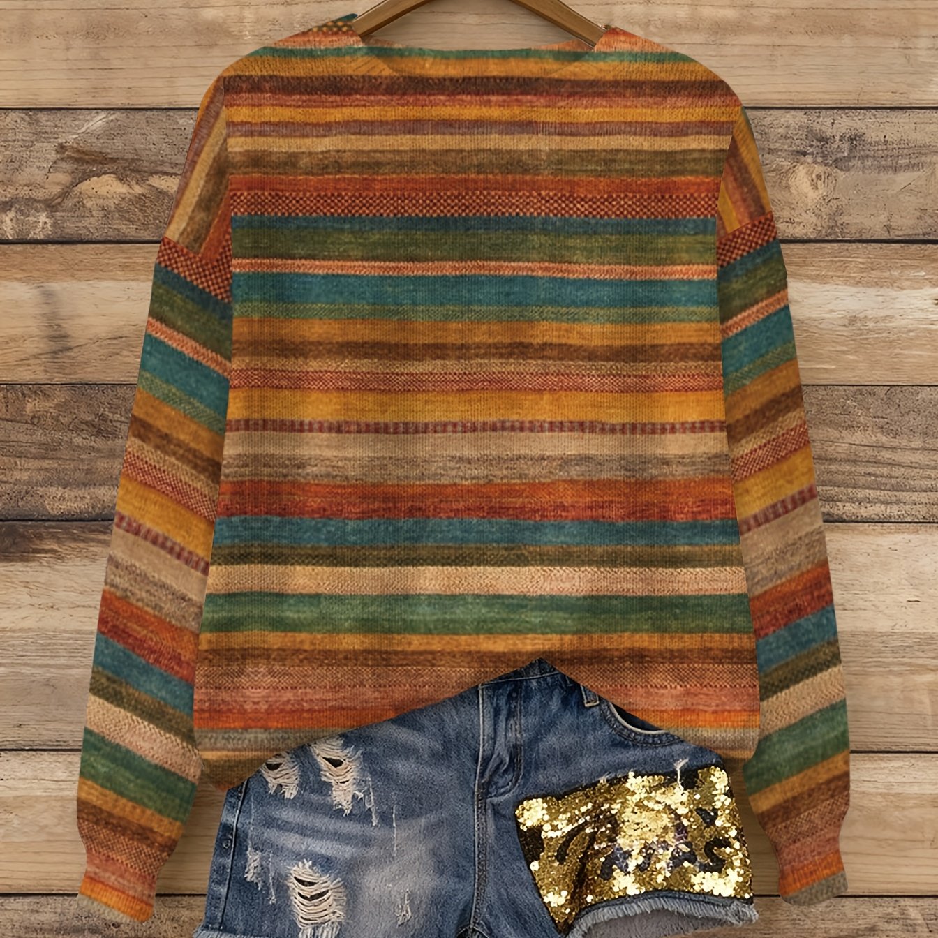 TEMU Bohemian Ethnic Striped Sweater | Warm Orange And Contrast, Crew Neck, Long Sleeve, Casual Fit, Comfortable Fabric For Fall/winter