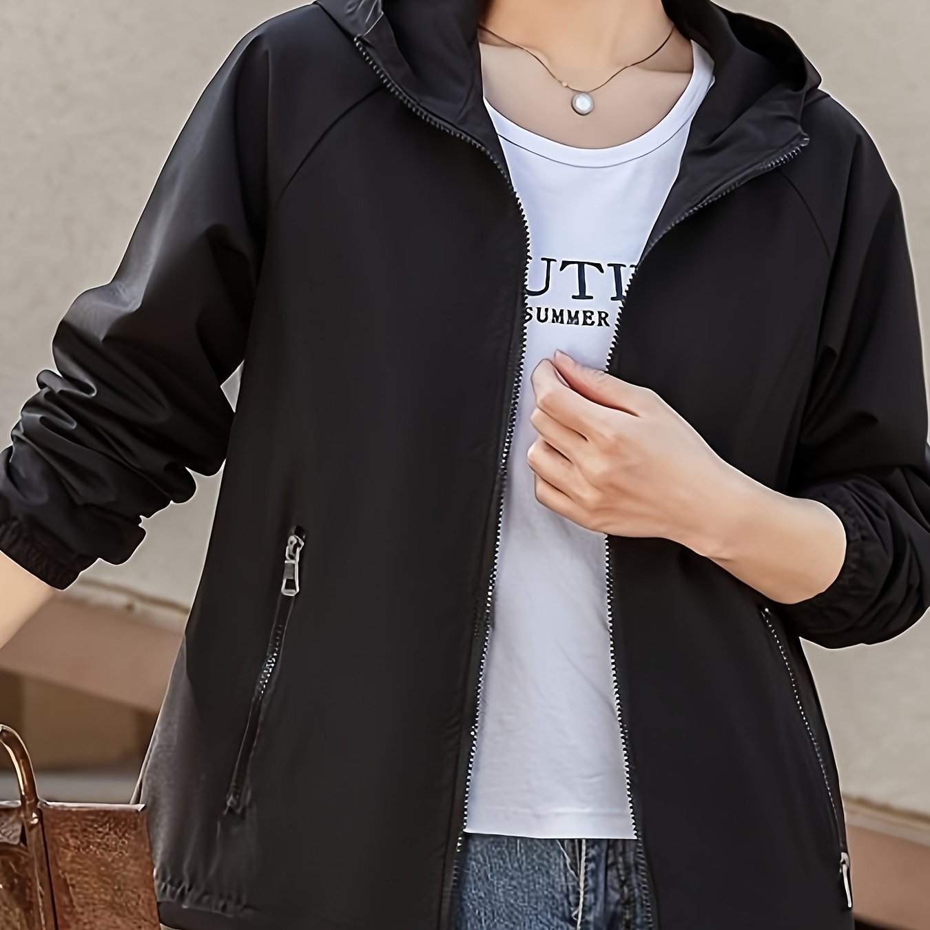 TEMU Women's Black Hooded Jacket 2026 New Style Loose Fit Casual Outerwear, Versatile Jacket For Middle-aged Mothers, Solid Color Hooded Zip-up