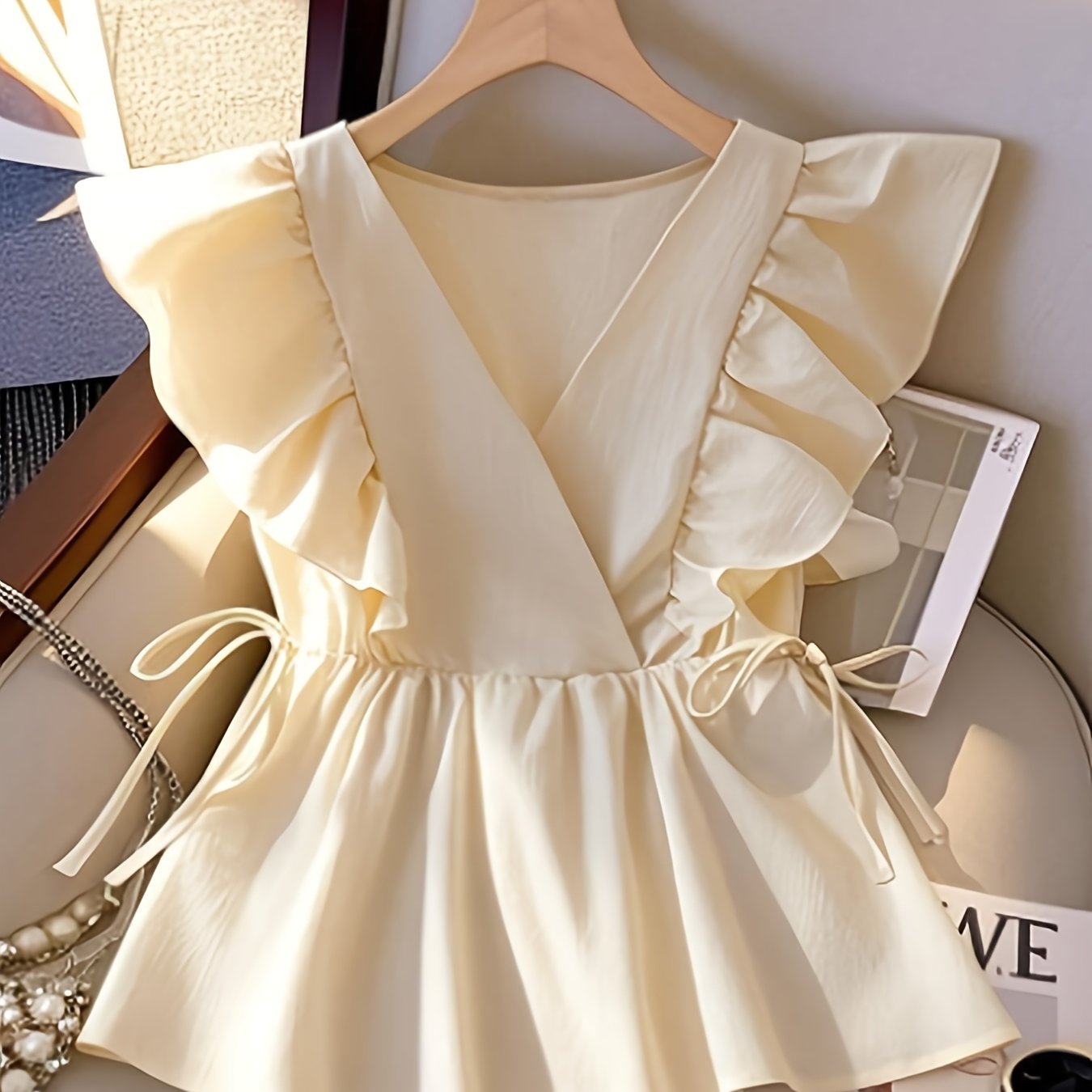TEMU Elegant Fashion Women' Color V-neck Waist-cinching Small Flutter Sleeves Top