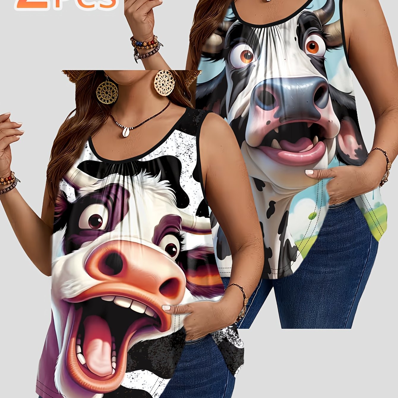 TEMU Plus Size, 2pcs Plus Size Cow - Print Tank Tops, Mixed Color, Multiple Sizes, Polyester Material, Casual Style, Suitable For Daily Wear & Farm -