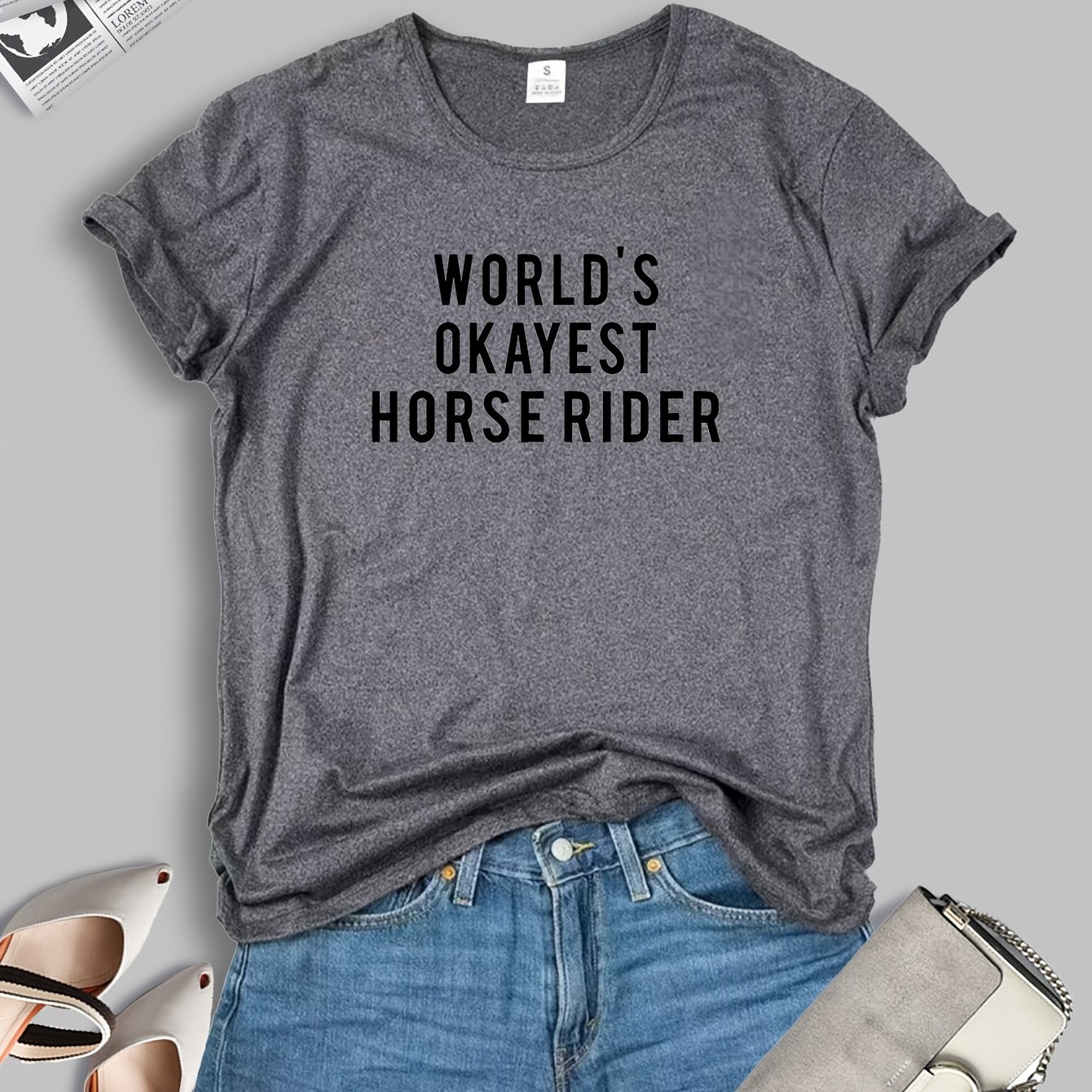 TEMU 1 T-shirt pour femme, , , équitation, meilleur T-shirt à imprimé alphabet , en été, respirant, confortable, haut décontracté de sport à manches