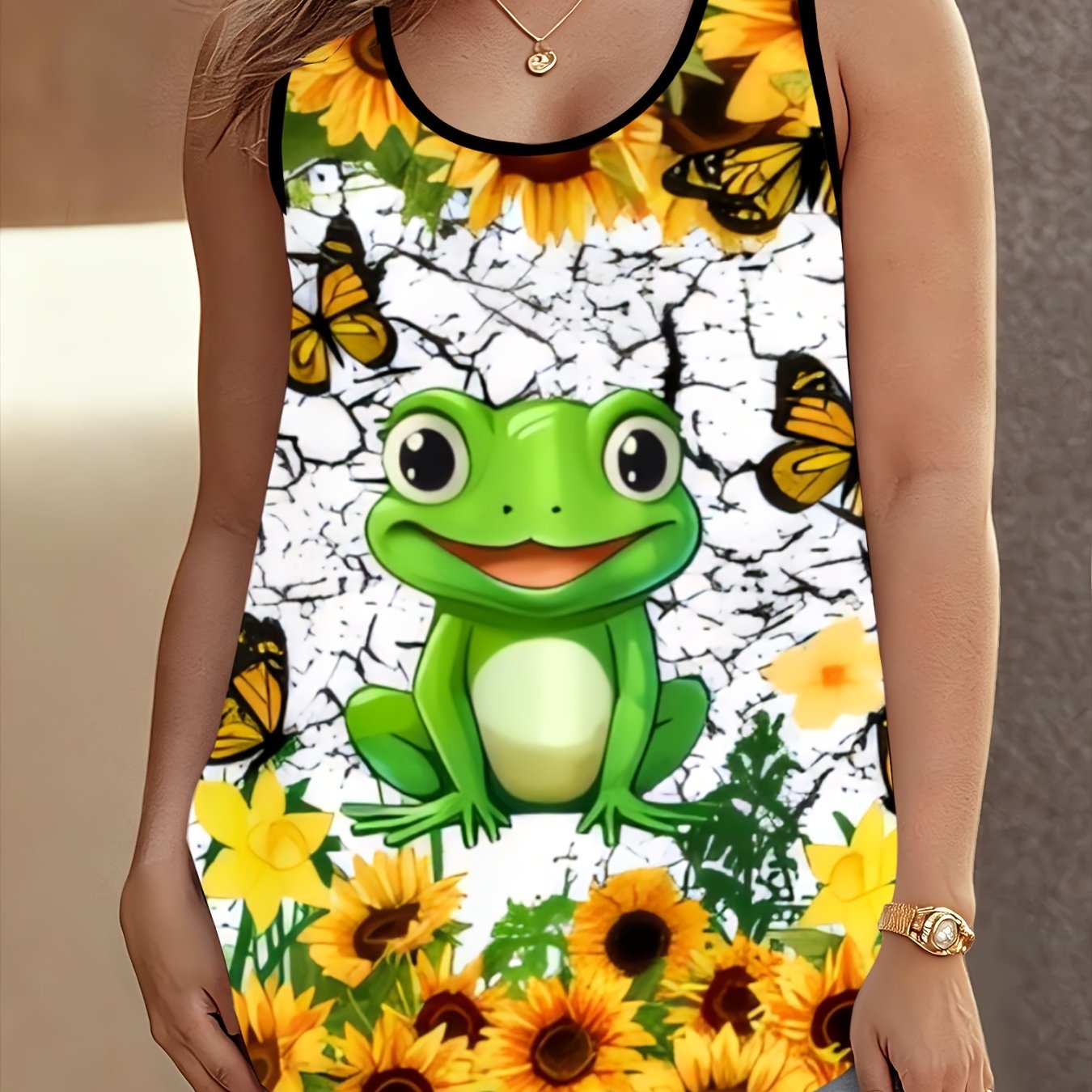 TEMU Women's Plus Size Round Neck Loose Vest With Distressed , White Background With Cartoon Surrounding Sunflowers And Yellow Butterflies, Pastoral
