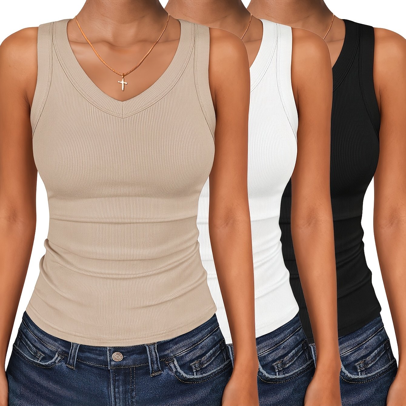 TEMU Conjunto de para Mujer: Top Básico de Cuello en V, , y Ajustado, Chaleco Sin Casual y Moderno