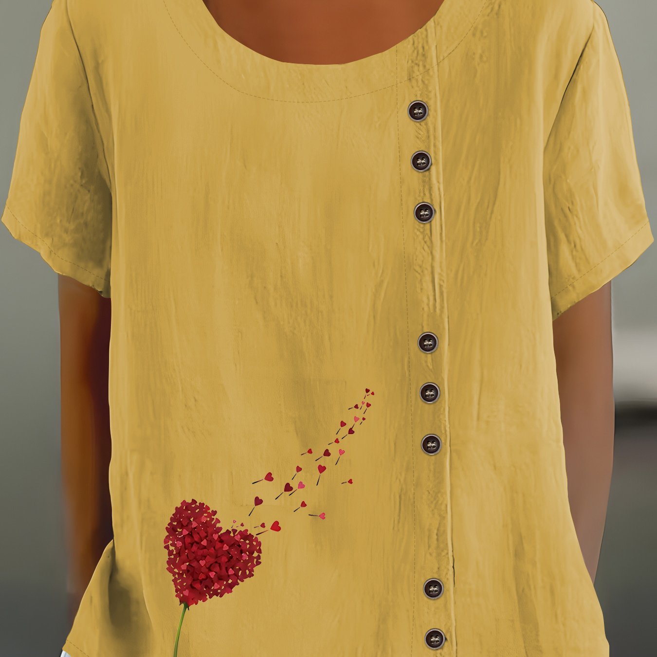 TEMU Bohemian Floral Print Button- Shirt With Creative Lettering, Loose 's Short Sleeve Top For Spring, Summer, And Autumn. Breathable Fabric,
