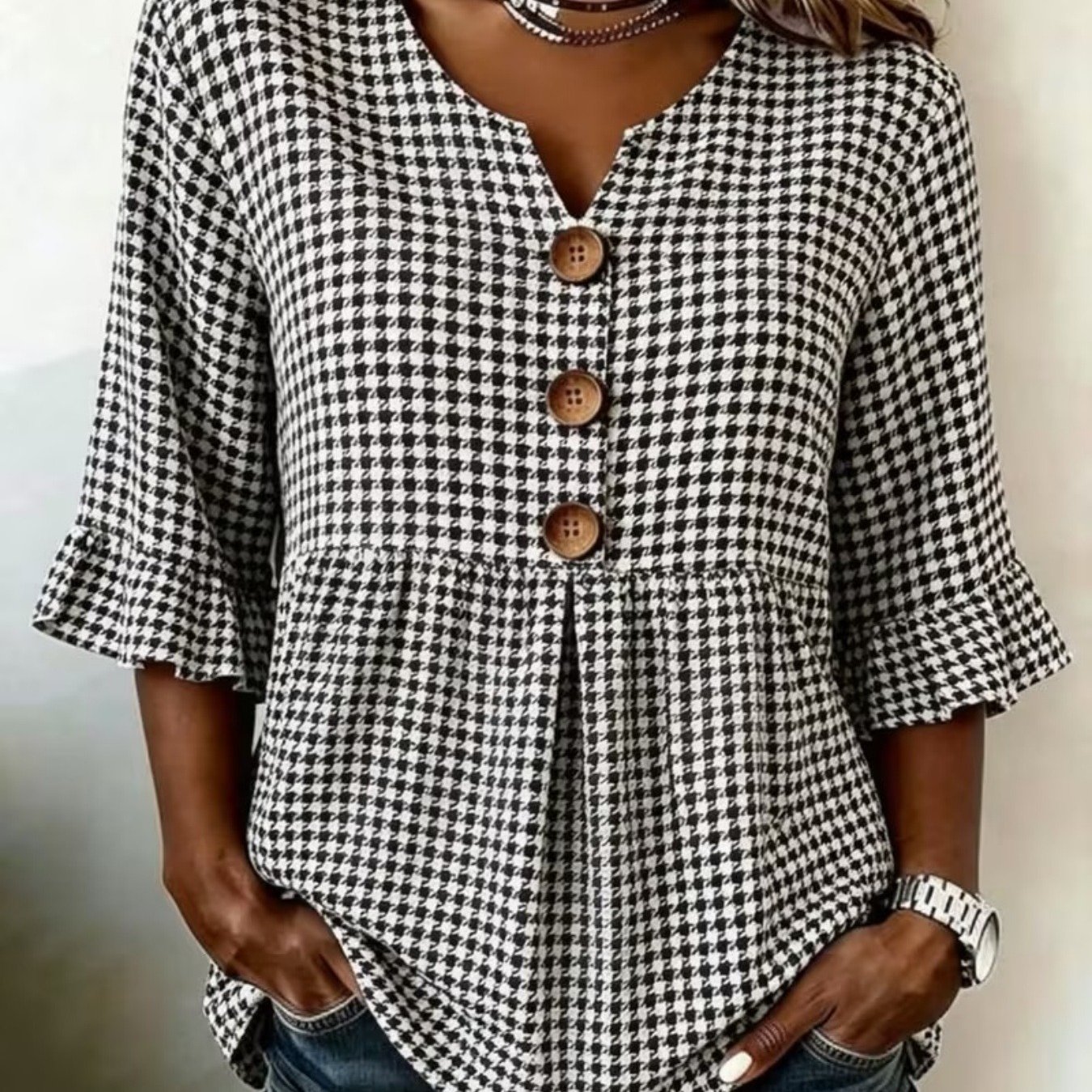 Women's Checkered Print Shirt With Sleeves, V-neck, And -breathable Top