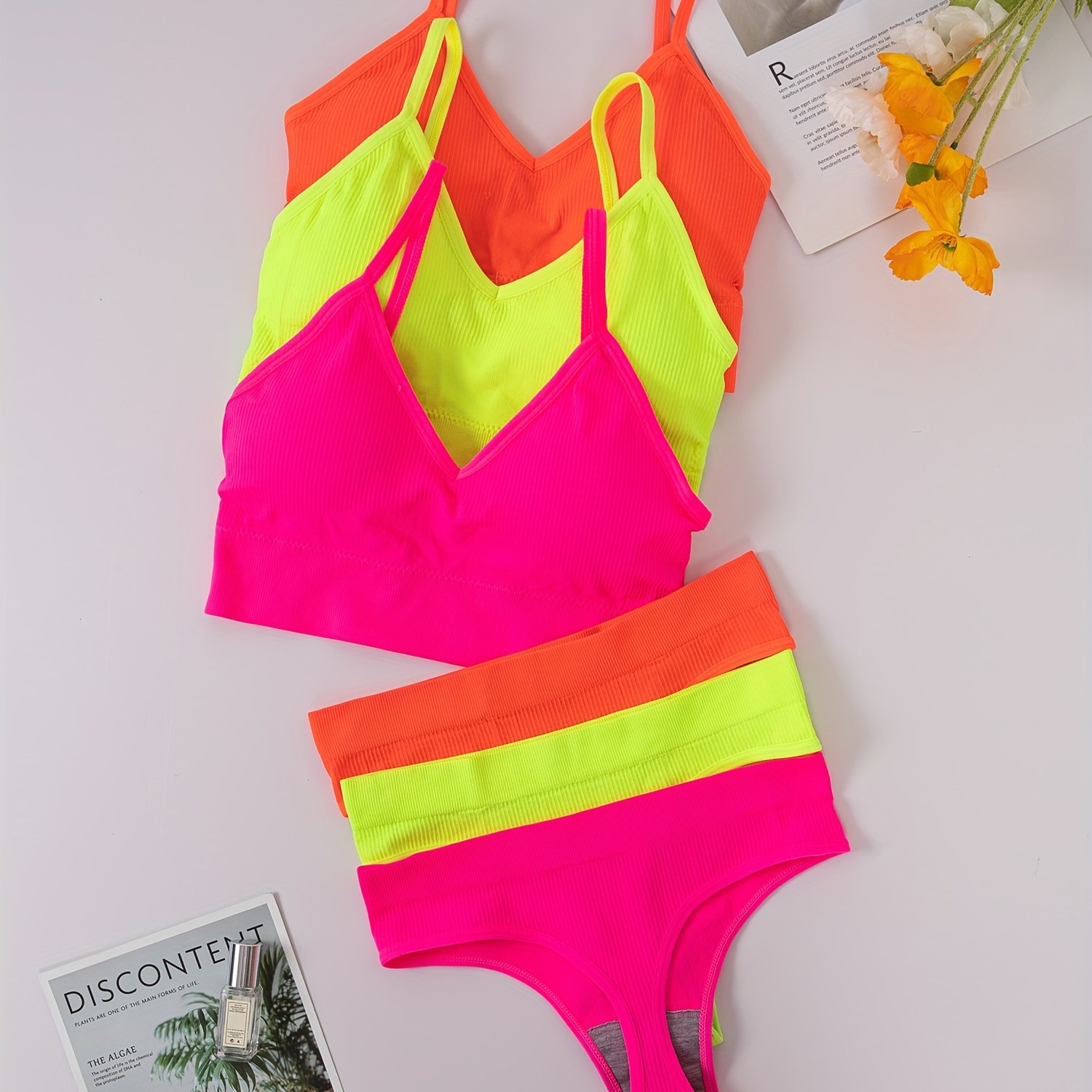 Image of 3pcs Women's & ' Coverage Underwear - Wireless Tank Bra & Elastic Panties Lingerie Set, High- Non- Matching Bra & Panty Suit, Hand Washable (no Dryer) - 3 Sets