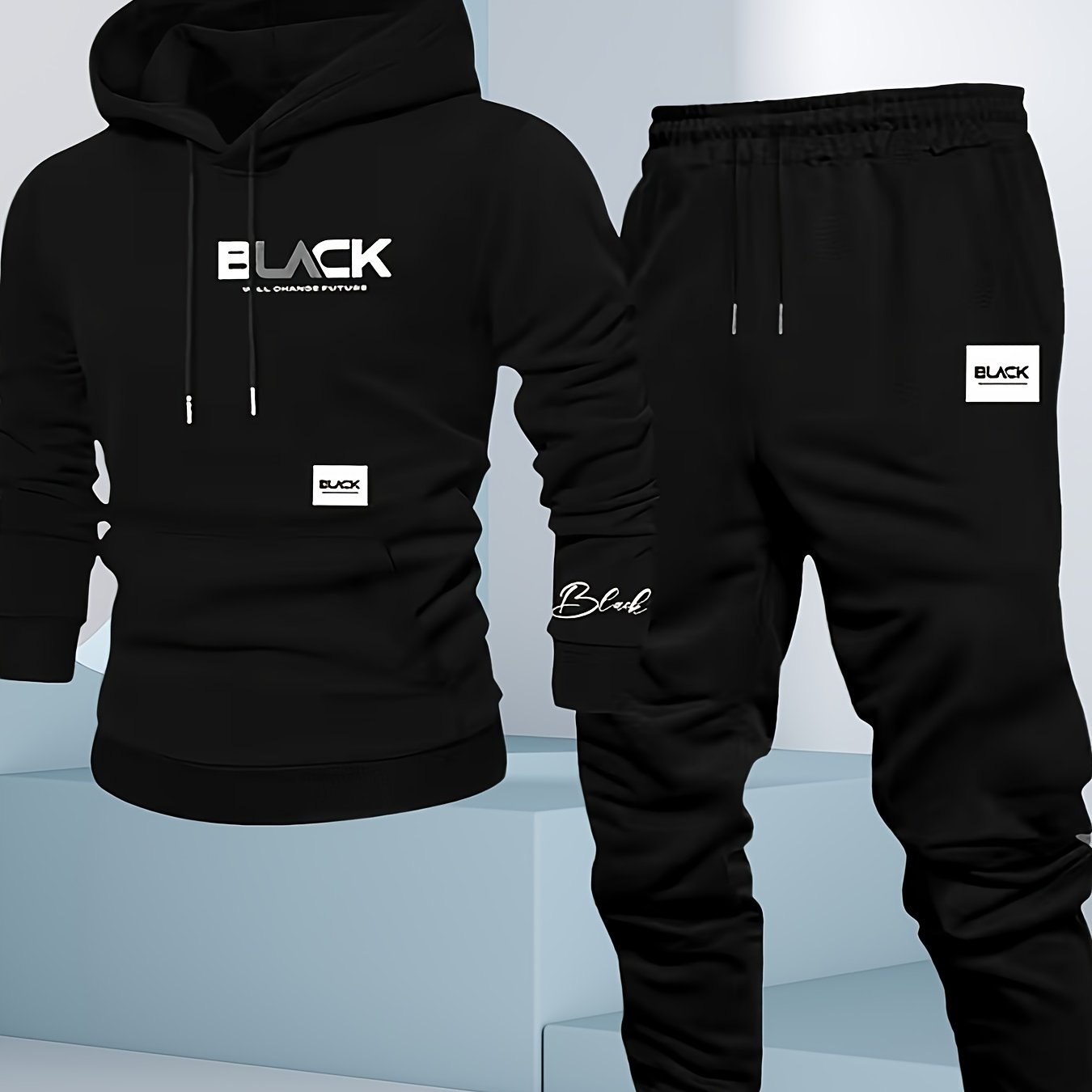 TEMU Men's Fall/winter Casual Sports Two-piece Set, Hooded Sweatshirt And Sweatpants Suit, 100% Polyester Fabric, Regular Fit, Letter Print, Outdoor