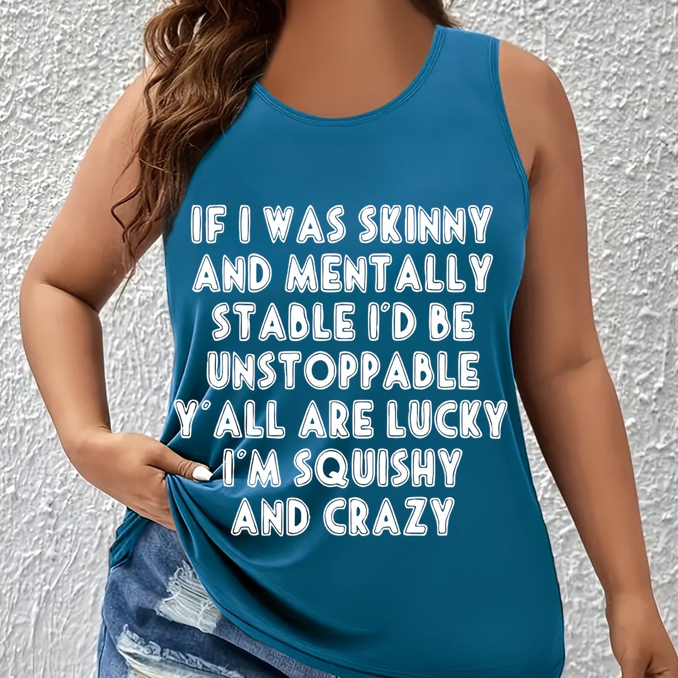 TEMU Ifiwas Women's Plus Size Sleeveless Tank Top With "" Letter Print - Navy Blue Casual Round Neck Shirt For Spring Summer Fall, Machine Washable, Ladies Tank Tops, Seasonal Fashion, Trendy Vest, ,