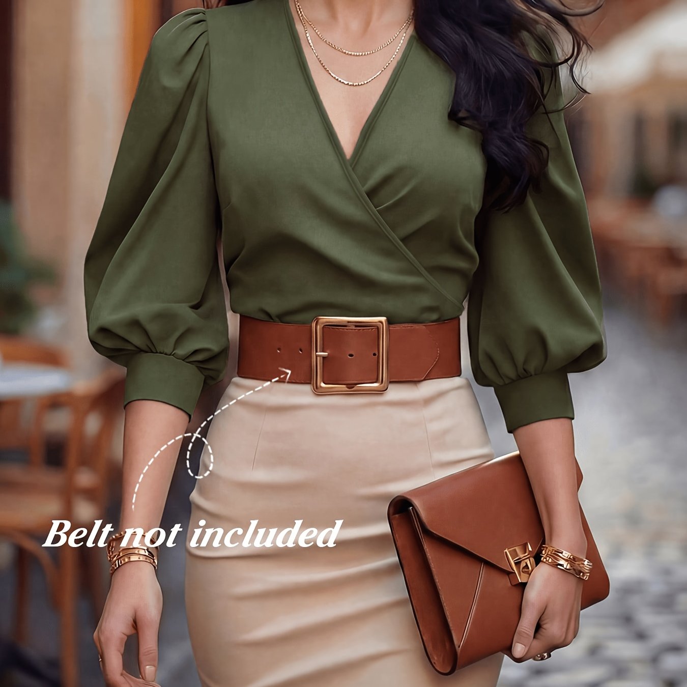 TEMU French Retro Body-hugging V-neck Blouse Women' Commute Lightly Mature Elegant Versatile Lantern Sleeve Top Waist-cinching Temperament Shirt