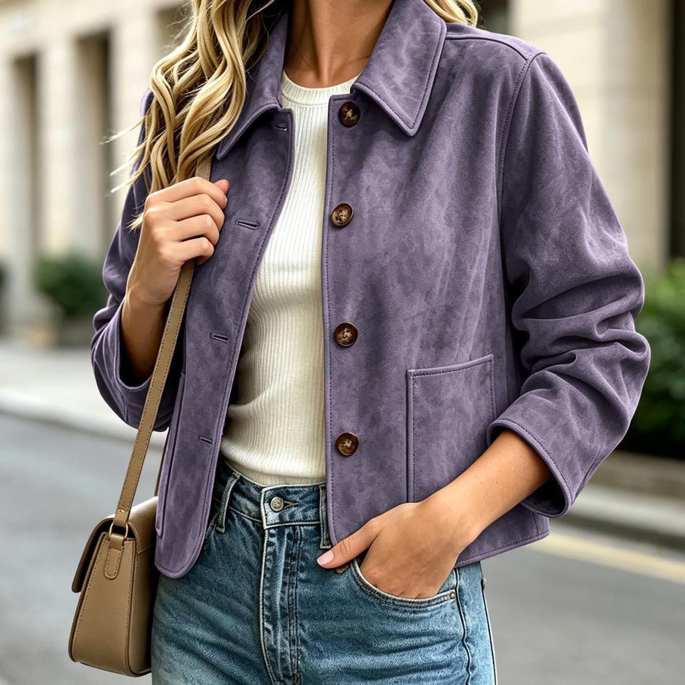 Image of Women's Casual Faux Suede Short Jacket With Lapel Collar, Single Breasted Button- Long Sleeve, Side Pockets, Loose Fit Outerwear For Daily Street Commuting