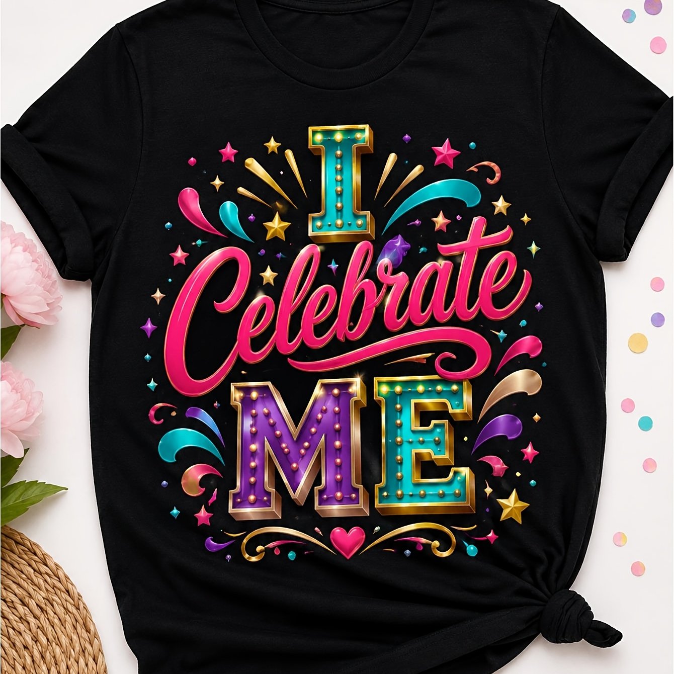 Men' & Women' " Me" Sparkle Letter T-shirt - Short Sleeve Cotton Crew Neck Tee With Firework Print & Slogan, Casual Casual Attire Suitable For Parties, Gifts