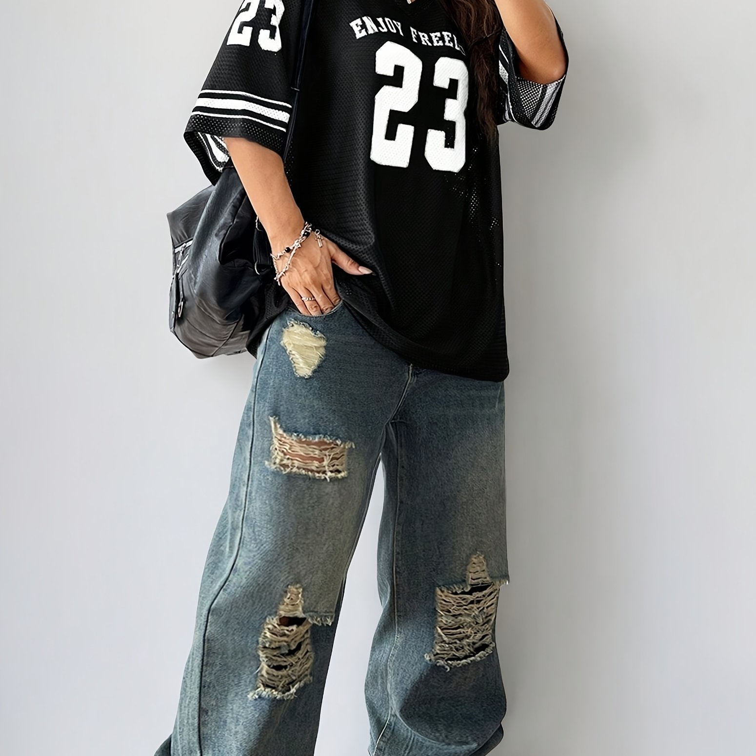 Image of Plus Size, Women's Plus Size Shoulder V-neck Football Jersey T-shirt - "hot 23" Letter Print, Breathable Semi-sheer Fabric, Relaxed Fit Casual Elegant Style