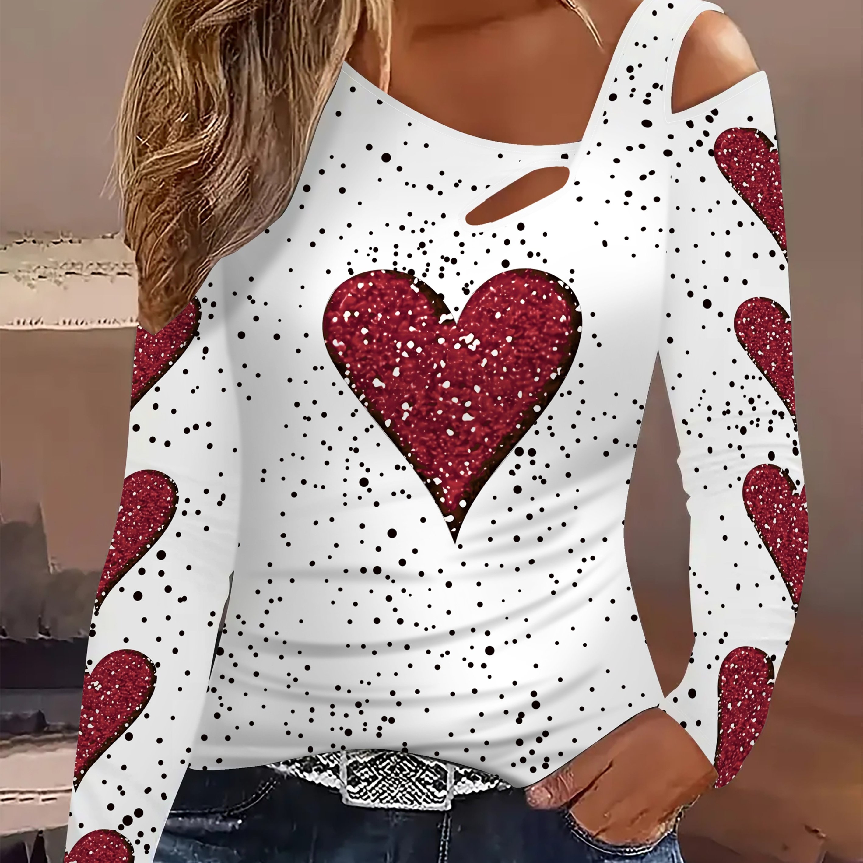 Image of Valentine's Day Elegant Asymmetrical Off-shoulder Long Sleeve Printed T-shirt, Fashionable And Elegant Print Top